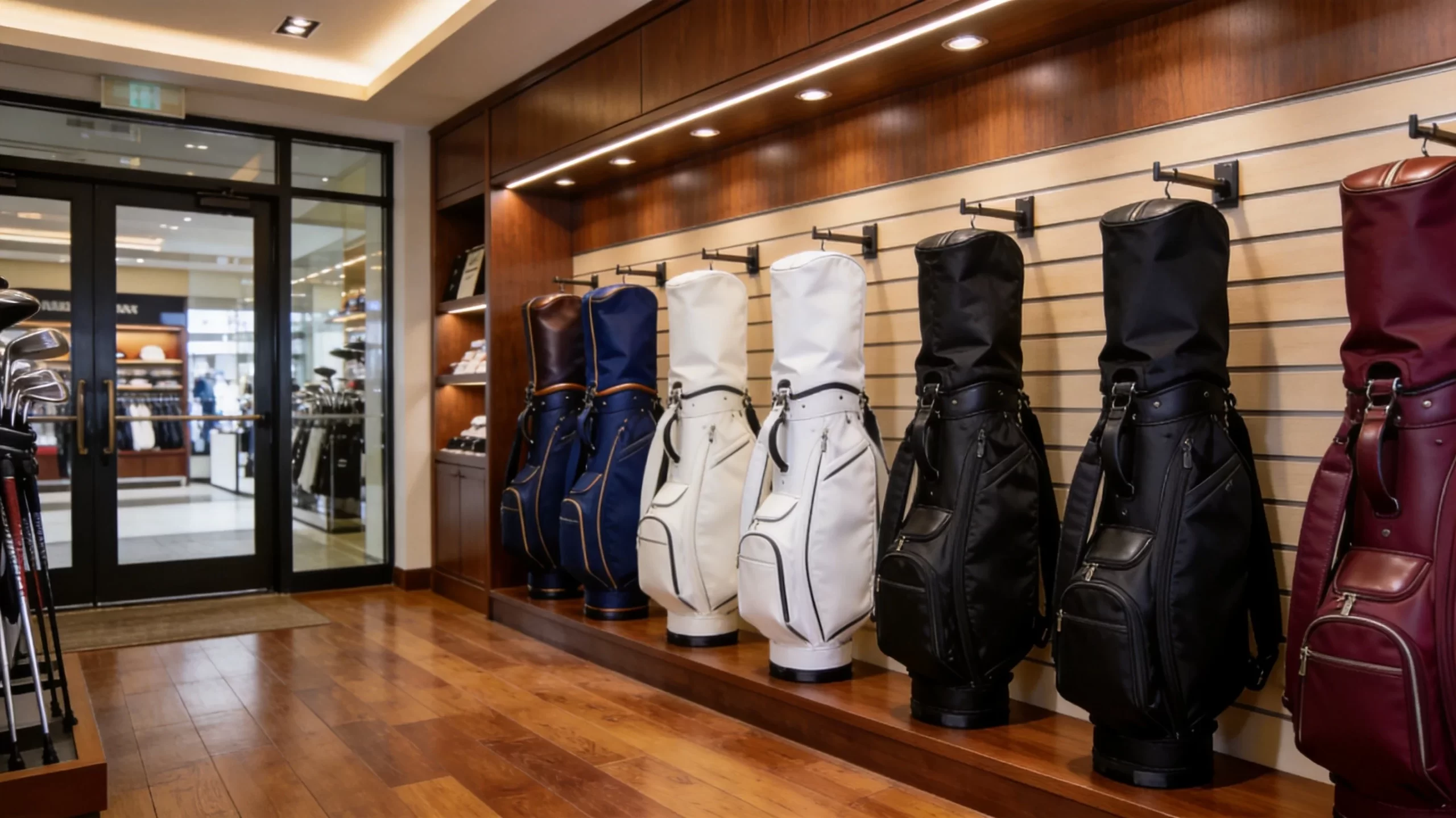 Premium golf bags displayed on elegant wooden wall racks in a high-end pro shop with warm LED lighting