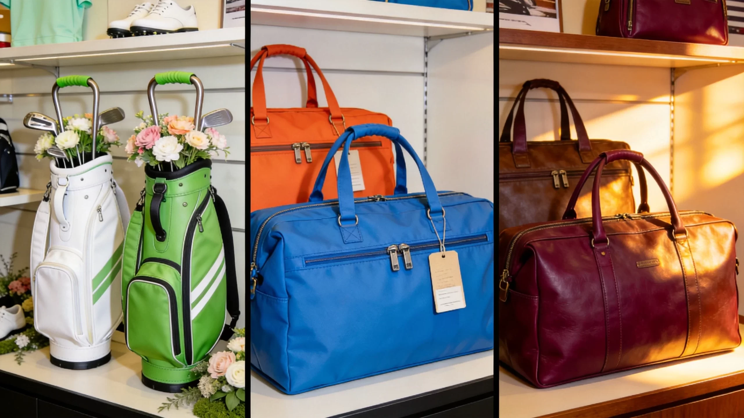 Three seasonal golf pro shop display scenes: spring white and green bags with flowers, summer blue and orange travel bags, autumn burgundy and brown leather bags