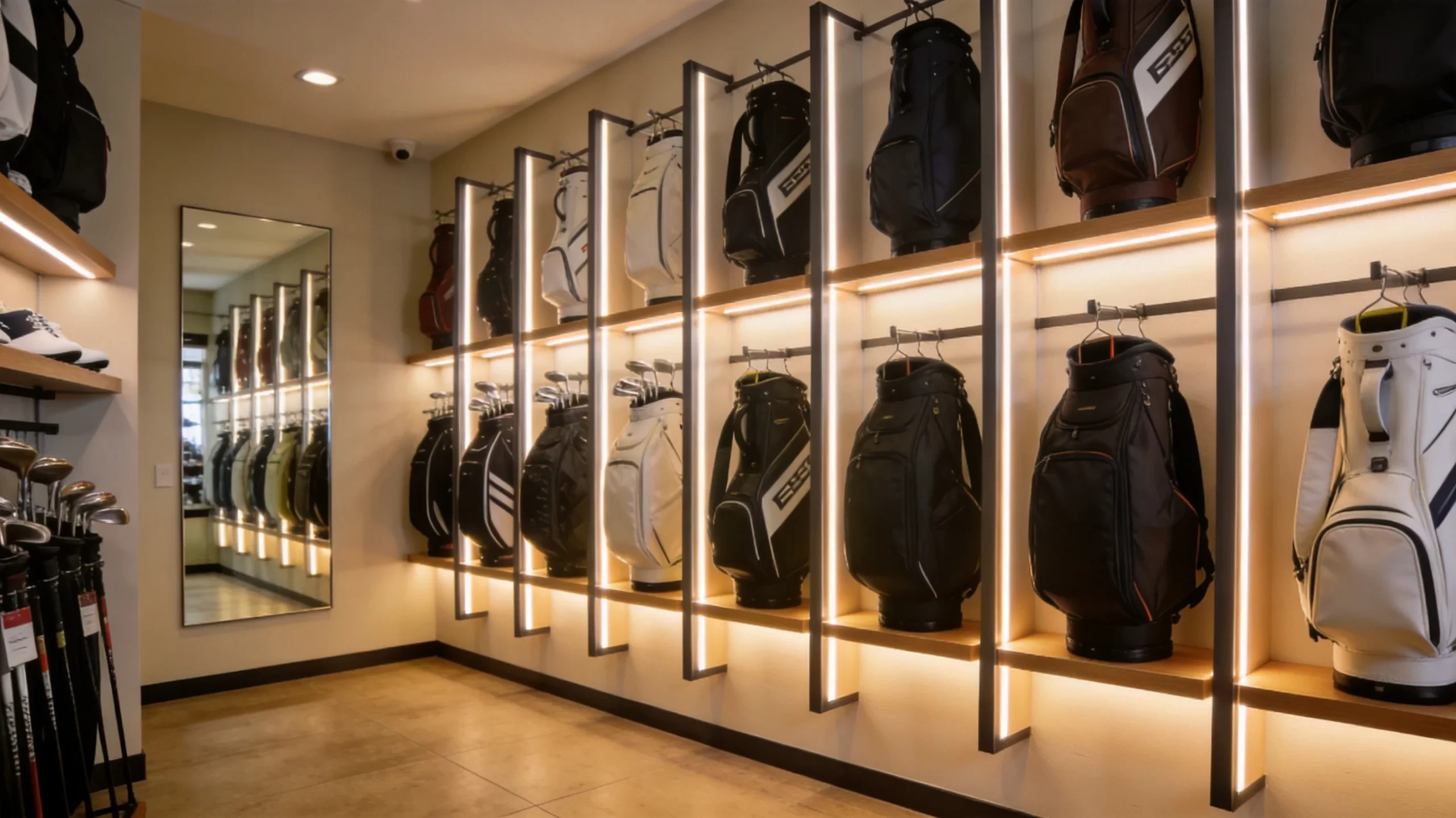 Compact golf pro shop with efficient wall-mounted vertical shelving units maximizing limited floor space with bags hung at different heights and LED strip lighting