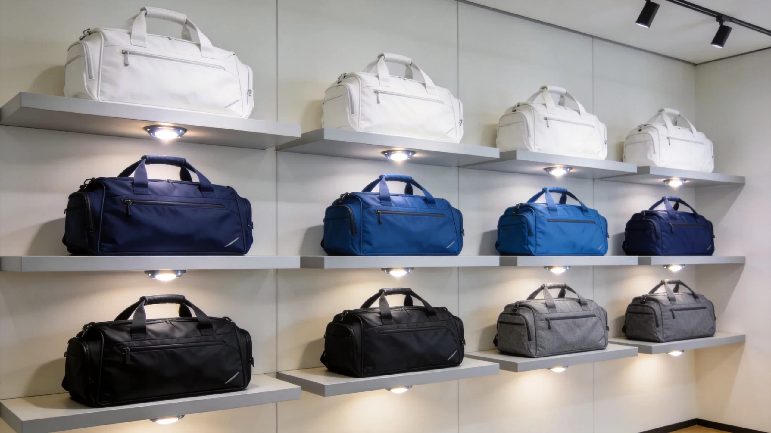 Color-blocked golf bag wall display with white bags on top row, navy and blue bags on middle row, black and grey bags on bottom row with integrated spotlighting
