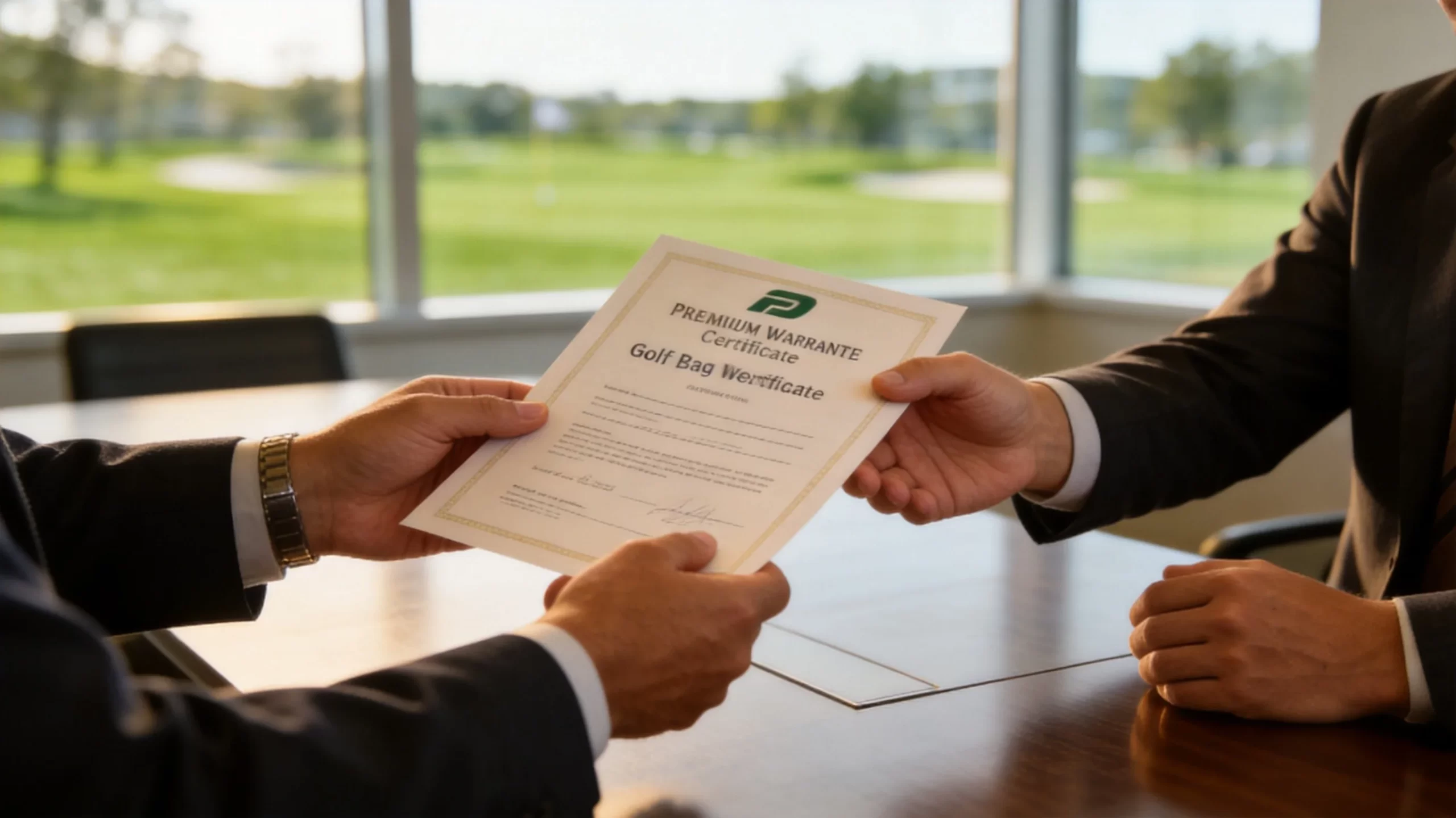 Professional business setting showing warranty certificate exchange between manufacturer and distributor