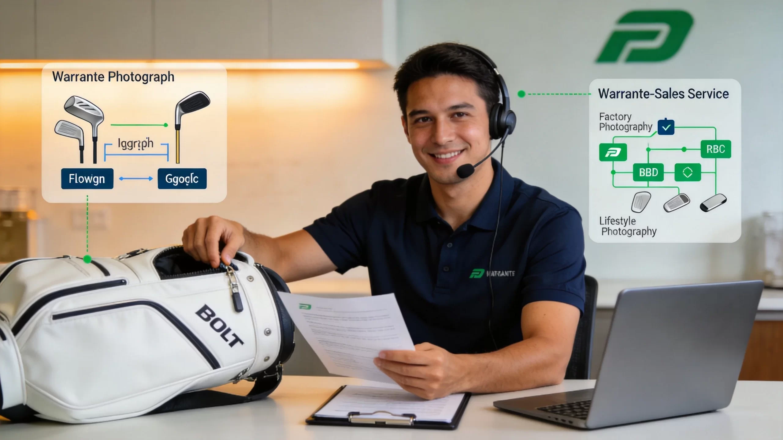 Professional after-sales service representative reviewing warranty documents and inspecting a golf bag in a modern office