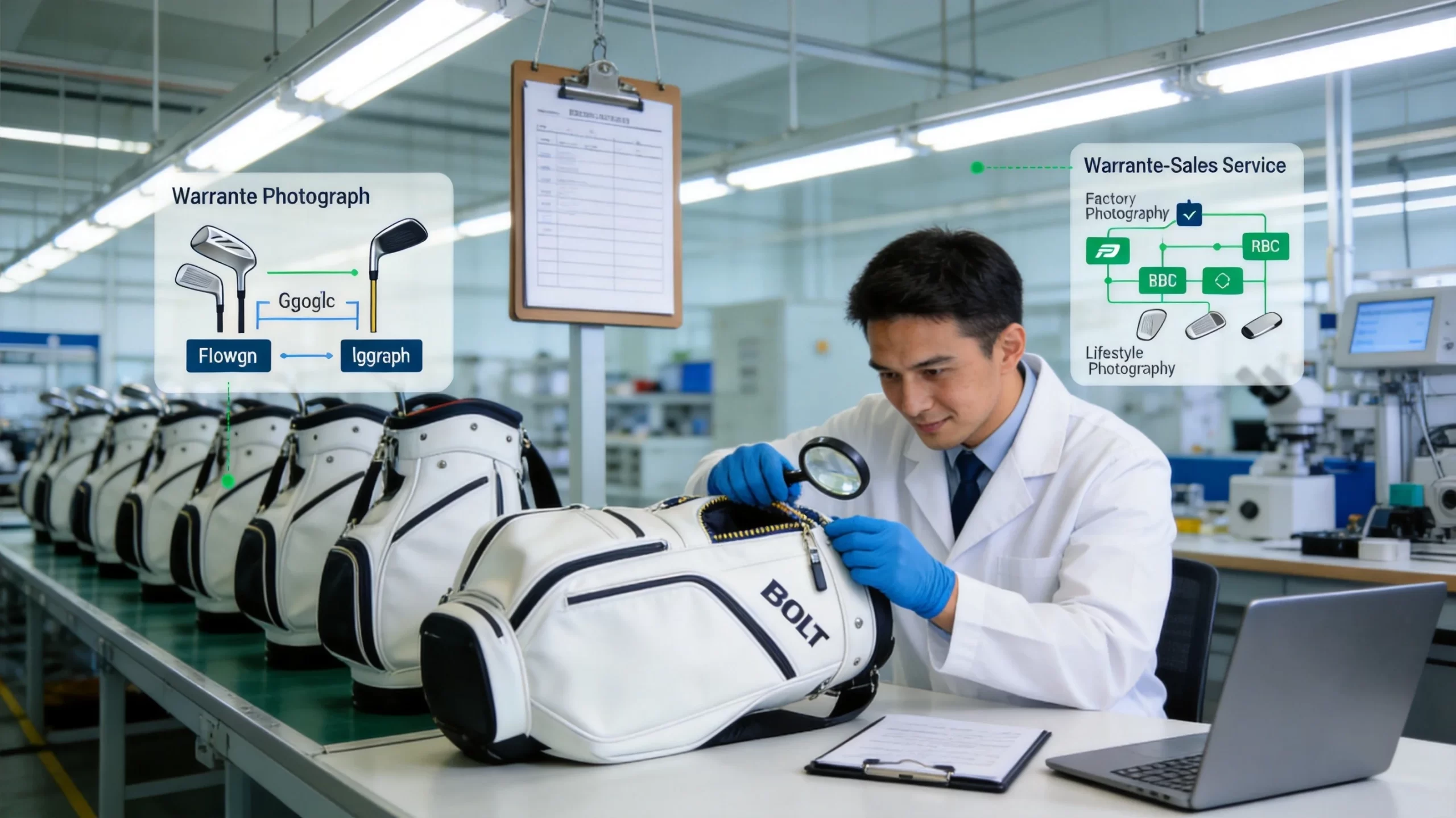Quality control inspector examining golf bag zipper and stitching in a professional manufacturing facility