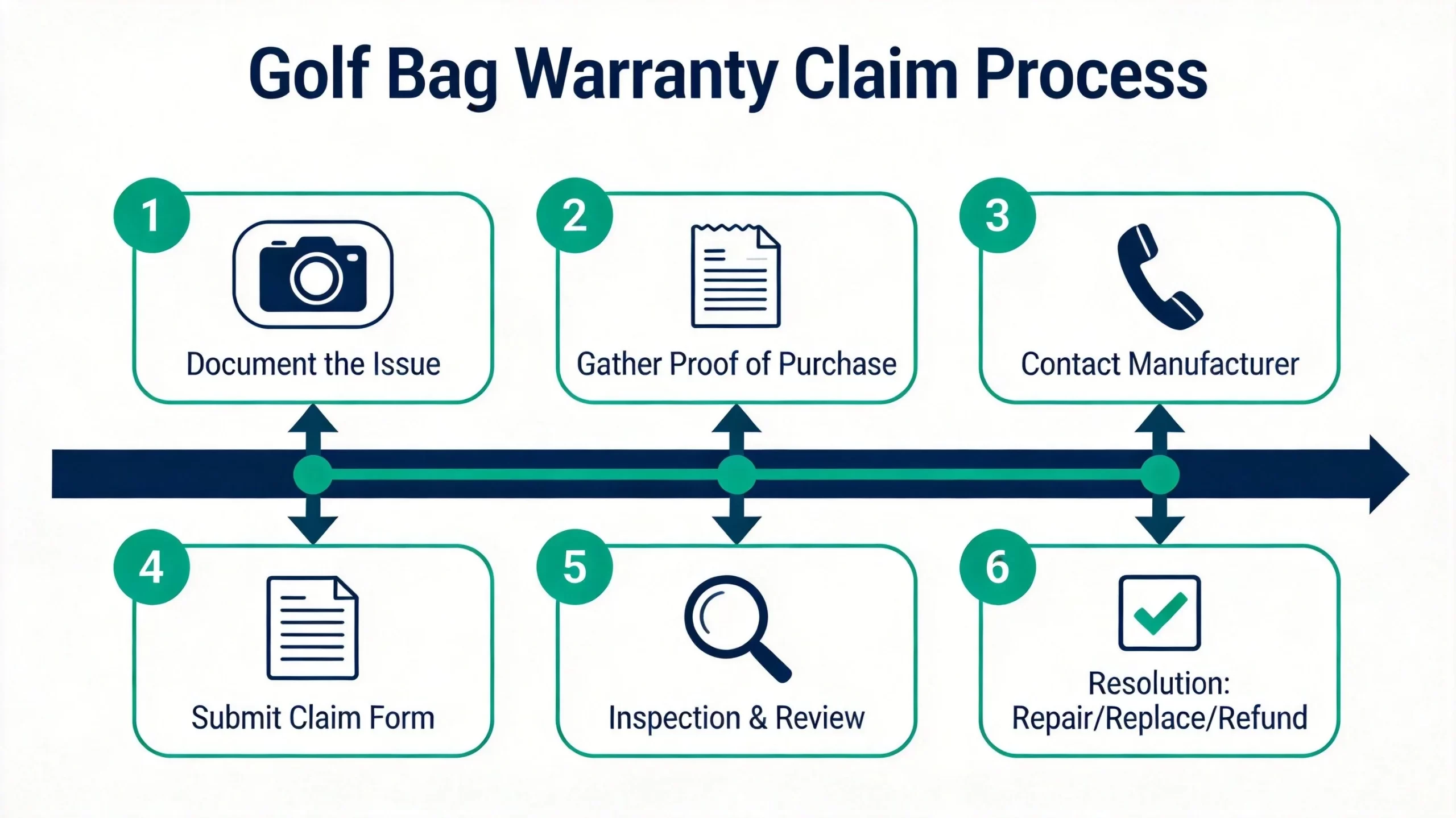 Golf bag warranty claim process flowchart showing 6 steps from documenting the issue to resolution
