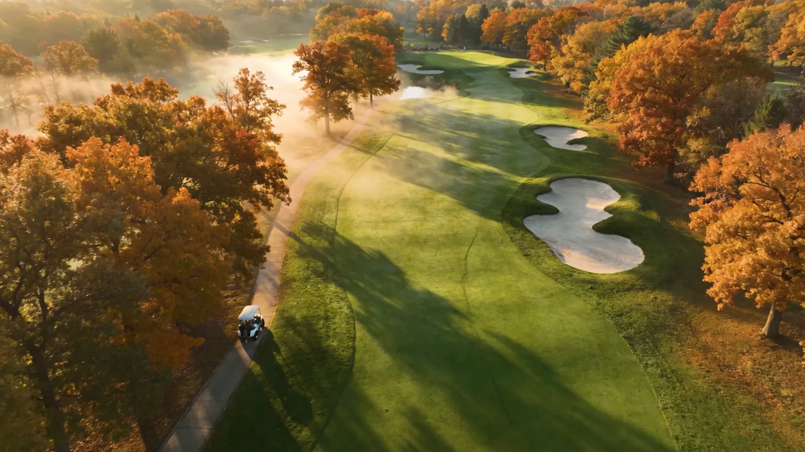 Aerial view of a golf course surrounded by autumn foliage with morning mist rising from the fairways