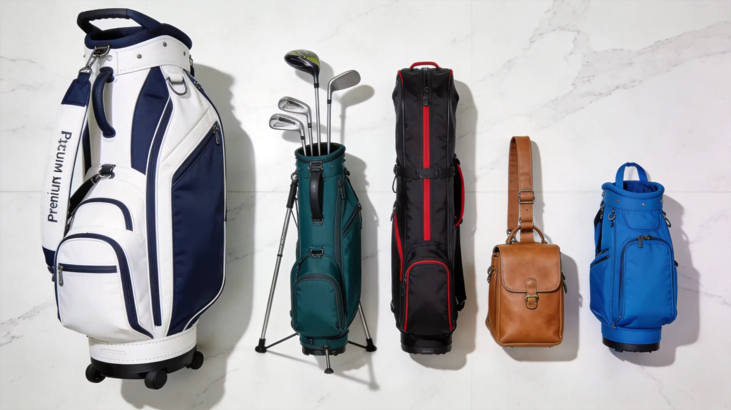 Five different types of golf bags arranged on white marble surface including cart bag, stand bag, travel bag, leather carry bag, and junior bag