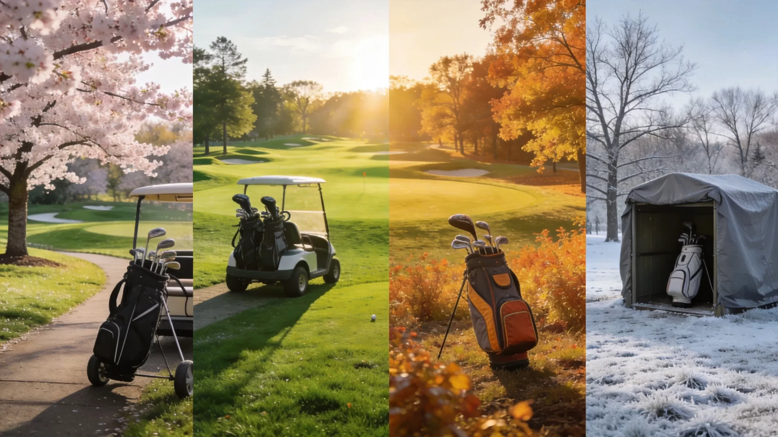 Four seasons golf course landscape showing cherry blossoms in spring, bright summer fairway, golden autumn foliage, and frost-covered winter storage