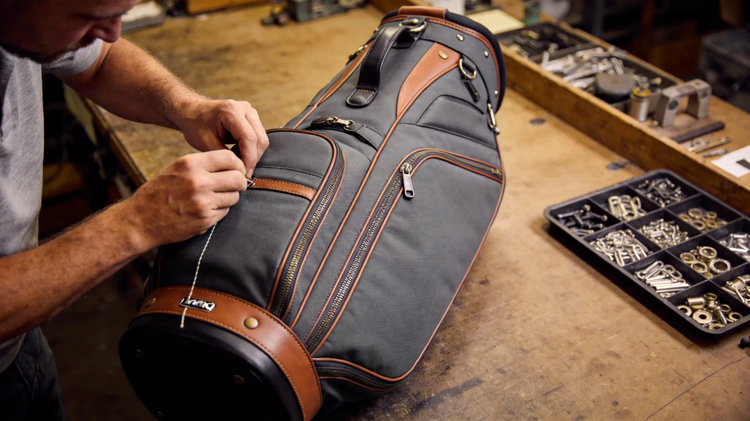 Skilled craftsman carefully hand-stitching a premium golf bag on a workbench with organized hardware components and leather trim details