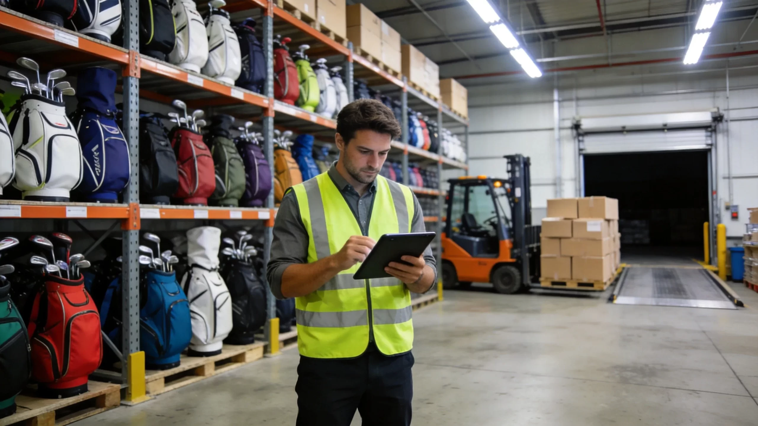 Professional warehouse interior with neatly organized shelves of golf bags and a worker checking inventory on a tablet device