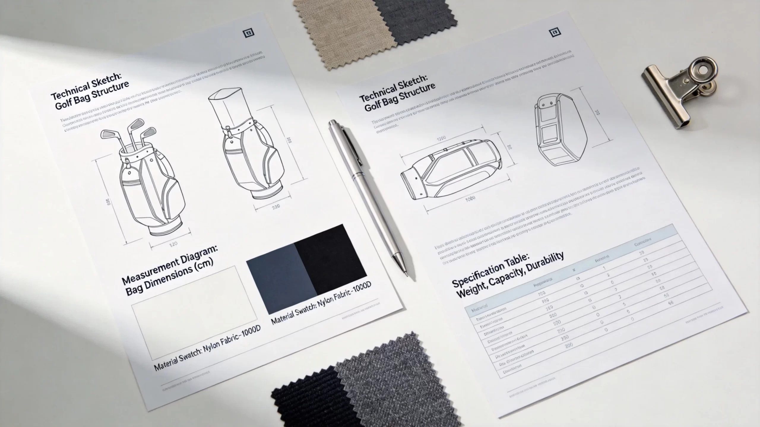 Golf bag tech pack documents spread on a desk showing technical sketches, measurement diagrams, material swatches and specification tables