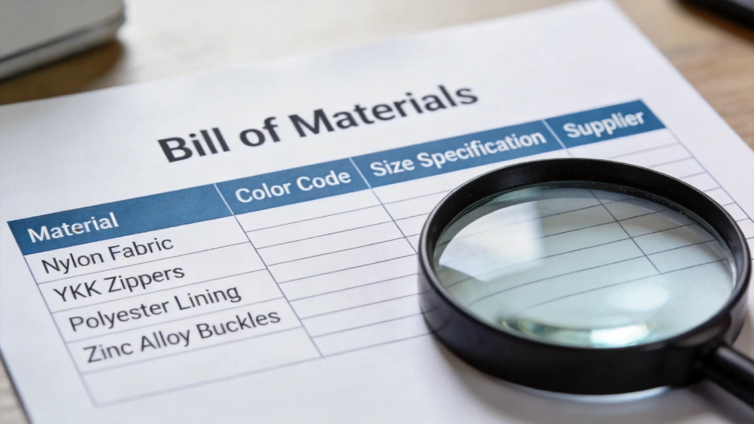 Bill of Materials document for golf bag manufacturing showing material names, color codes, size specifications, and supplier information with a magnifying glass