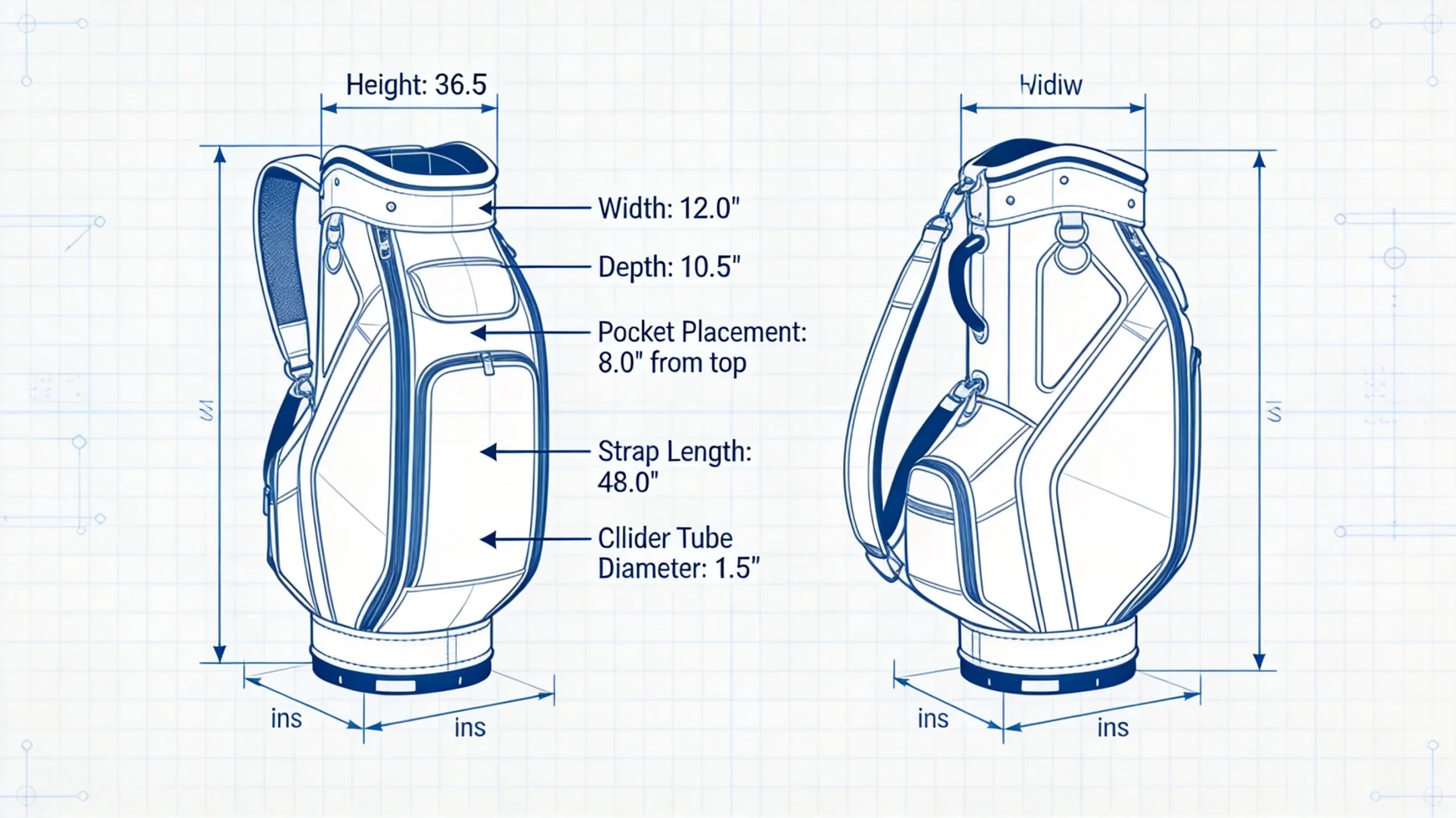 Technical blueprint diagram of a golf bag showing front and side view with dimension annotations including height width depth strap length and tube diameter in inches