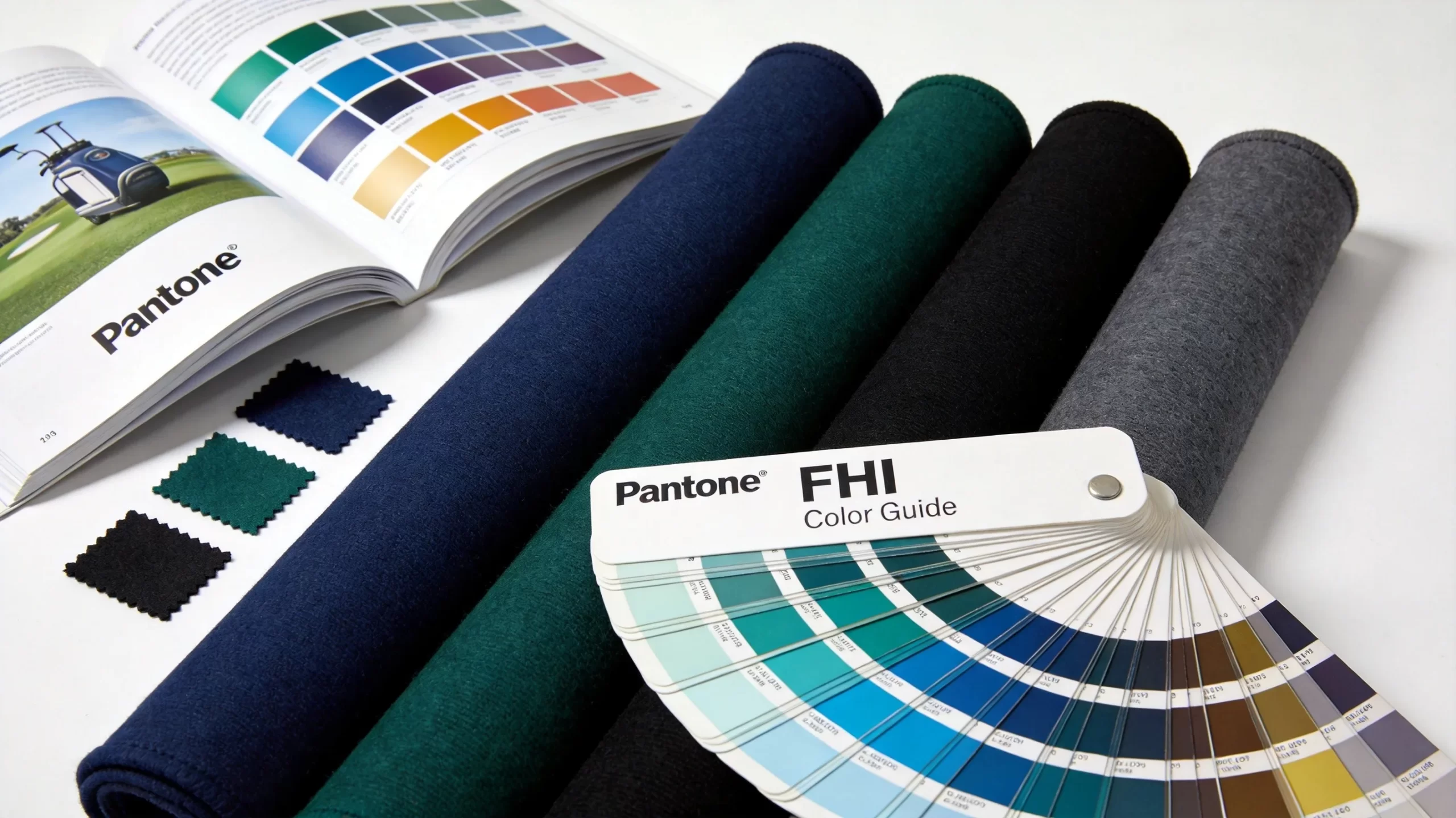 Pantone FHI Color Guide fan displayed next to golf bag fabric material rolls in navy blue forest green black and gray with fabric swatches