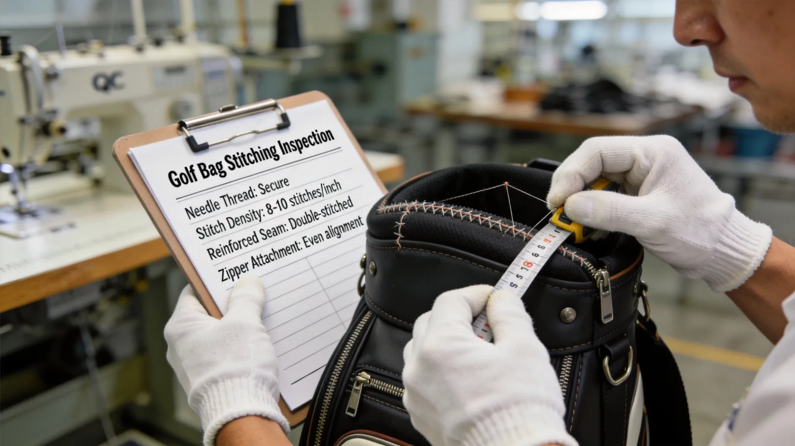 Quality inspector examining golf bag stitching details with measuring tape and QC checklist clipboard showing stitch density and seam specifications
