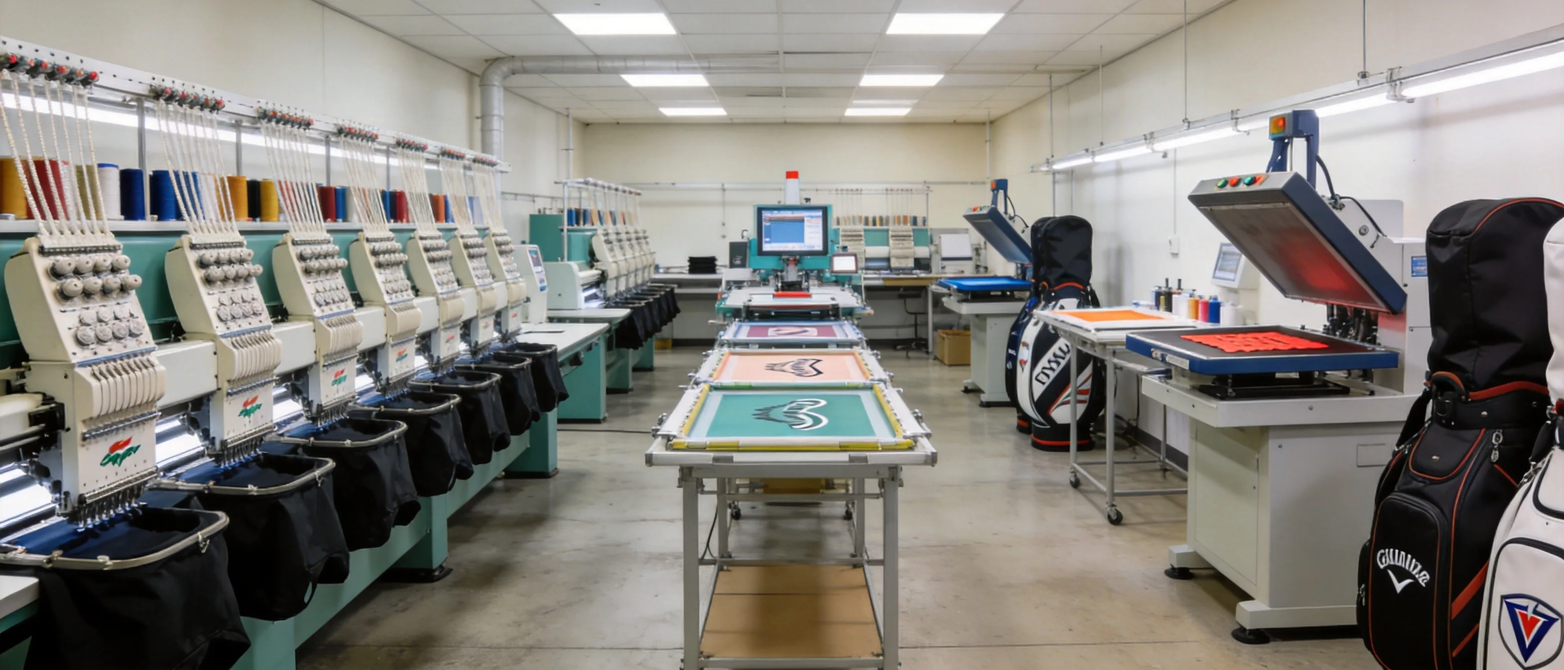 Modern golf bag manufacturing workshop showing embroidery machines, screen printing stations, and heat transfer equipment organized across production floor