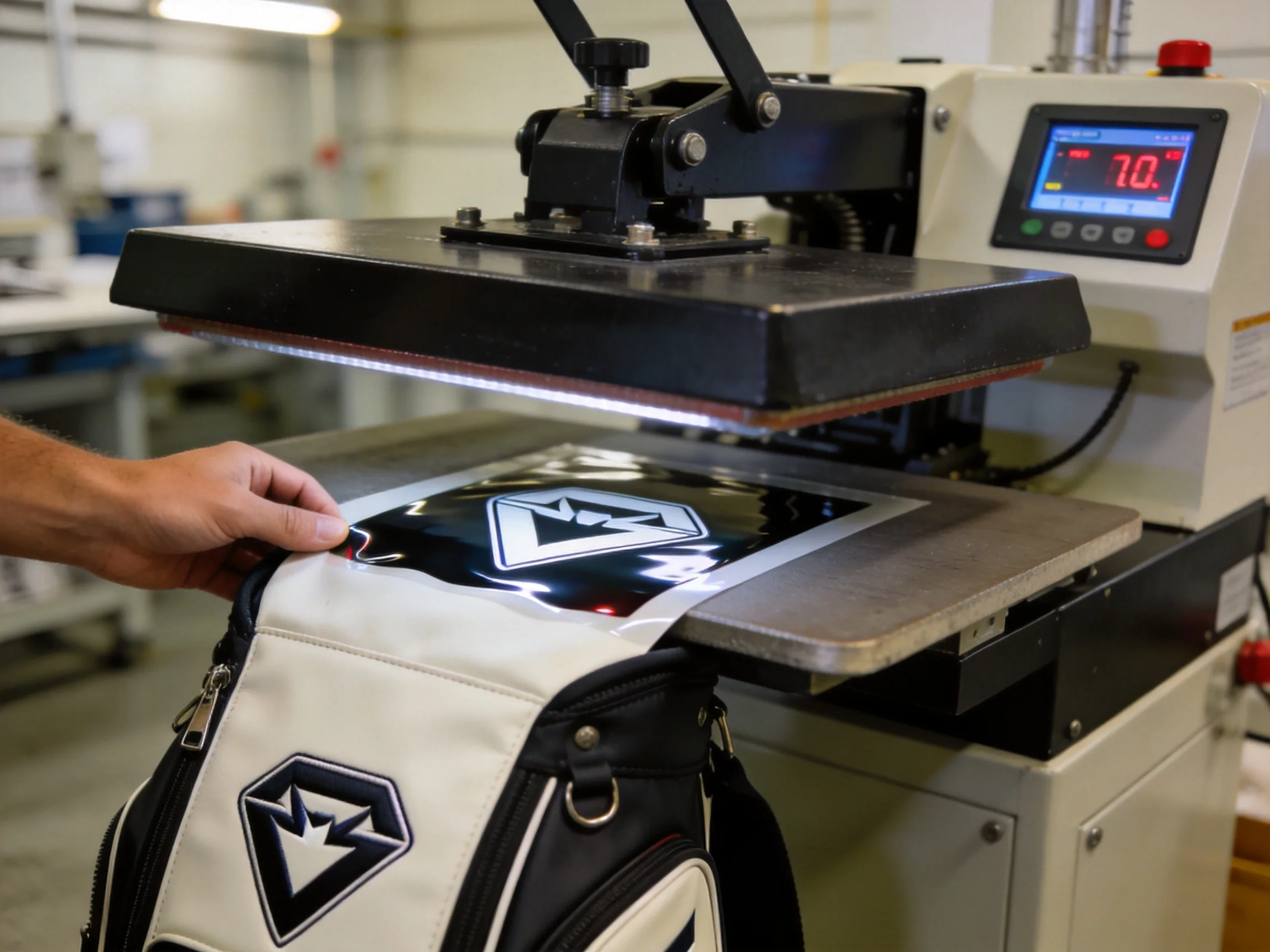 Heat transfer vinyl logo being pressed onto golf bag panel using professional heat press machine showing smooth glossy finish