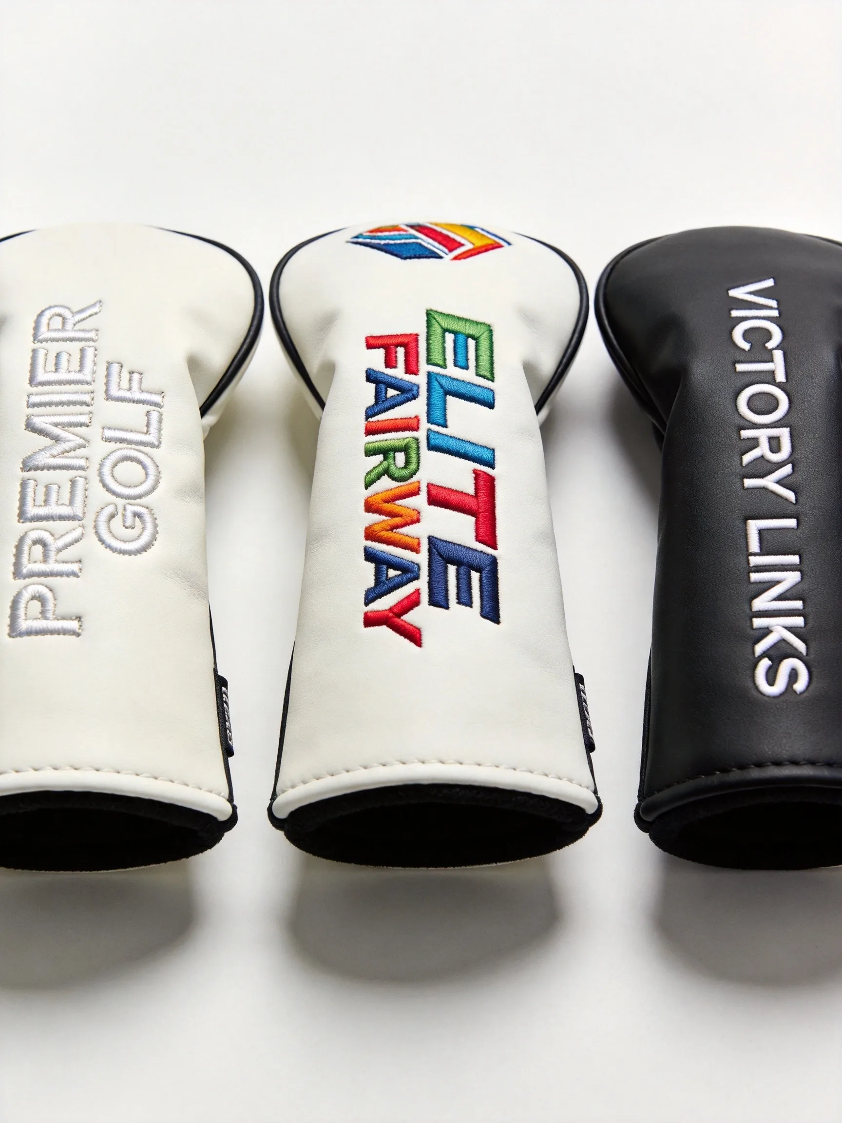 Three premium golf bags displayed side by side each showcasing a different branding method: embroidered logo, screen printed graphics, and heat transfer vinyl application