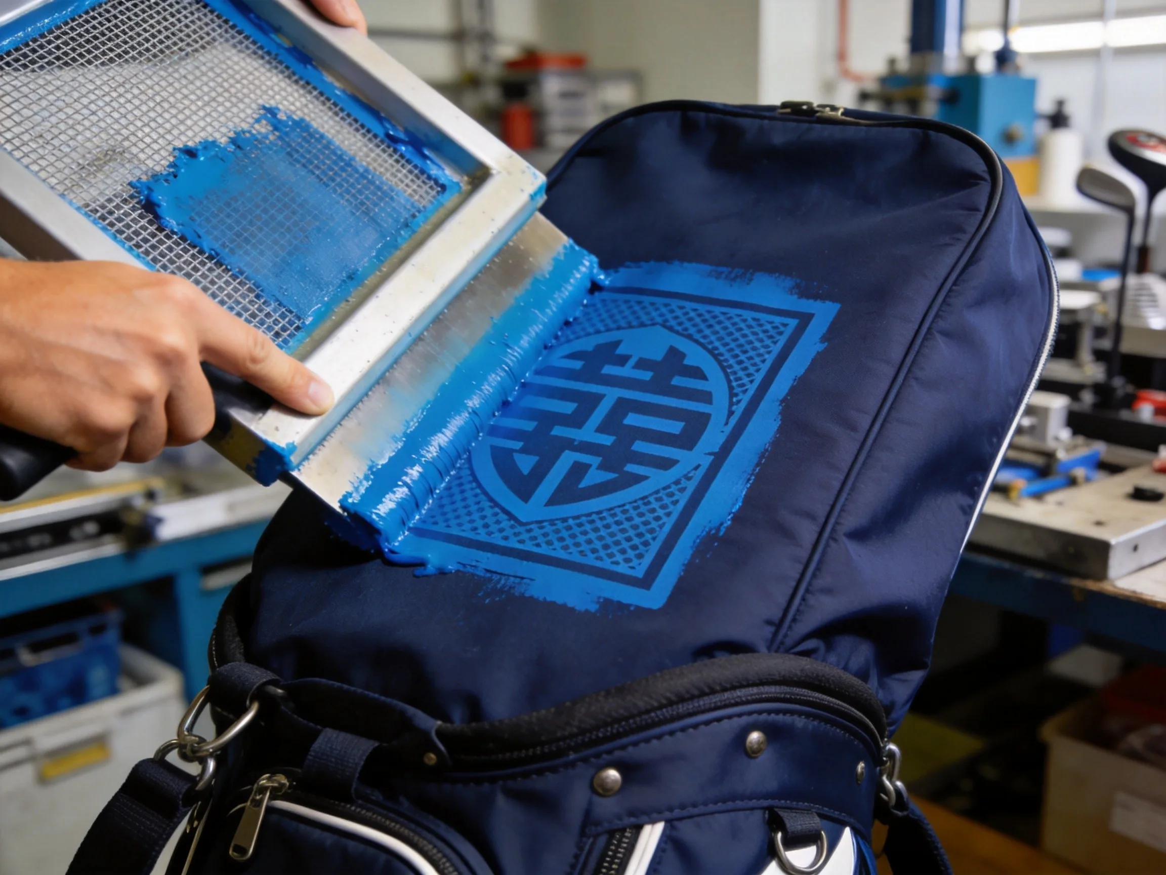 Screen printing process showing mesh screen with squeegee applying blue ink onto dark navy golf bag fabric in professional workshop
