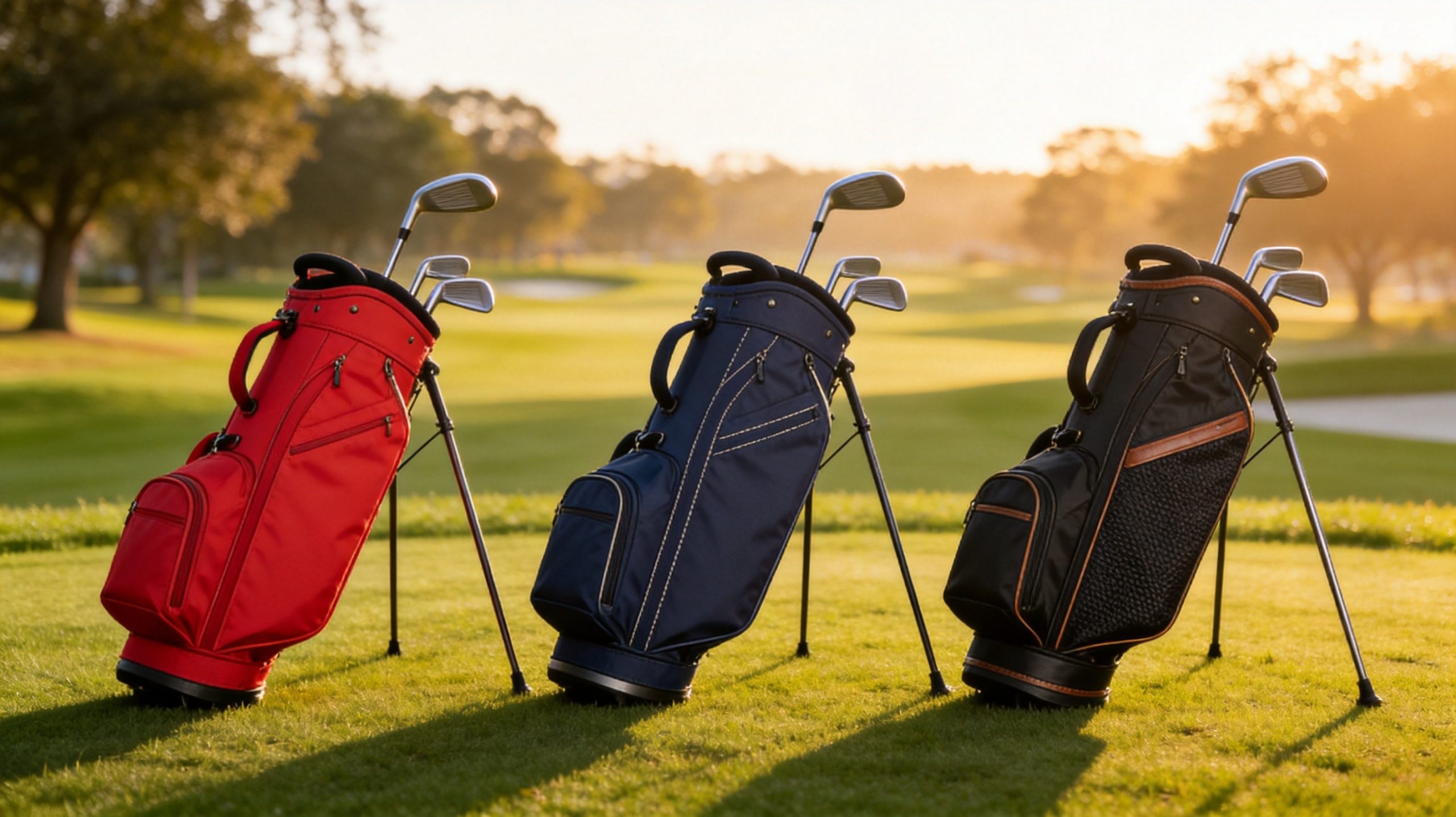 Three golf bags at different quality tiers on a golf course green - entry-level, mid-range, and premium tour staff bag