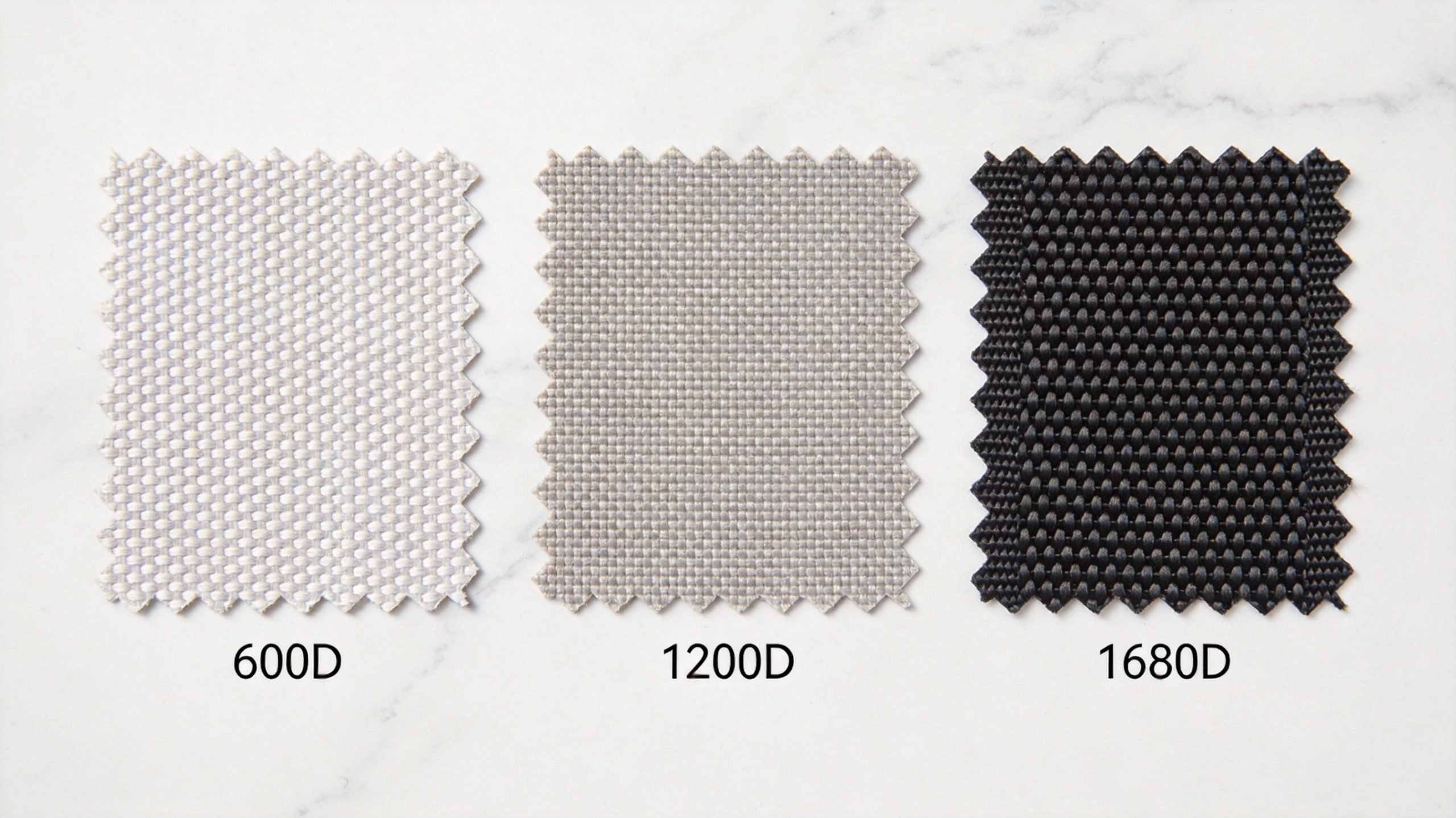 Three fabric swatches showing progressive weave density from 600D to 1200D to 1680D ballistic nylon for golf bag manufacturing