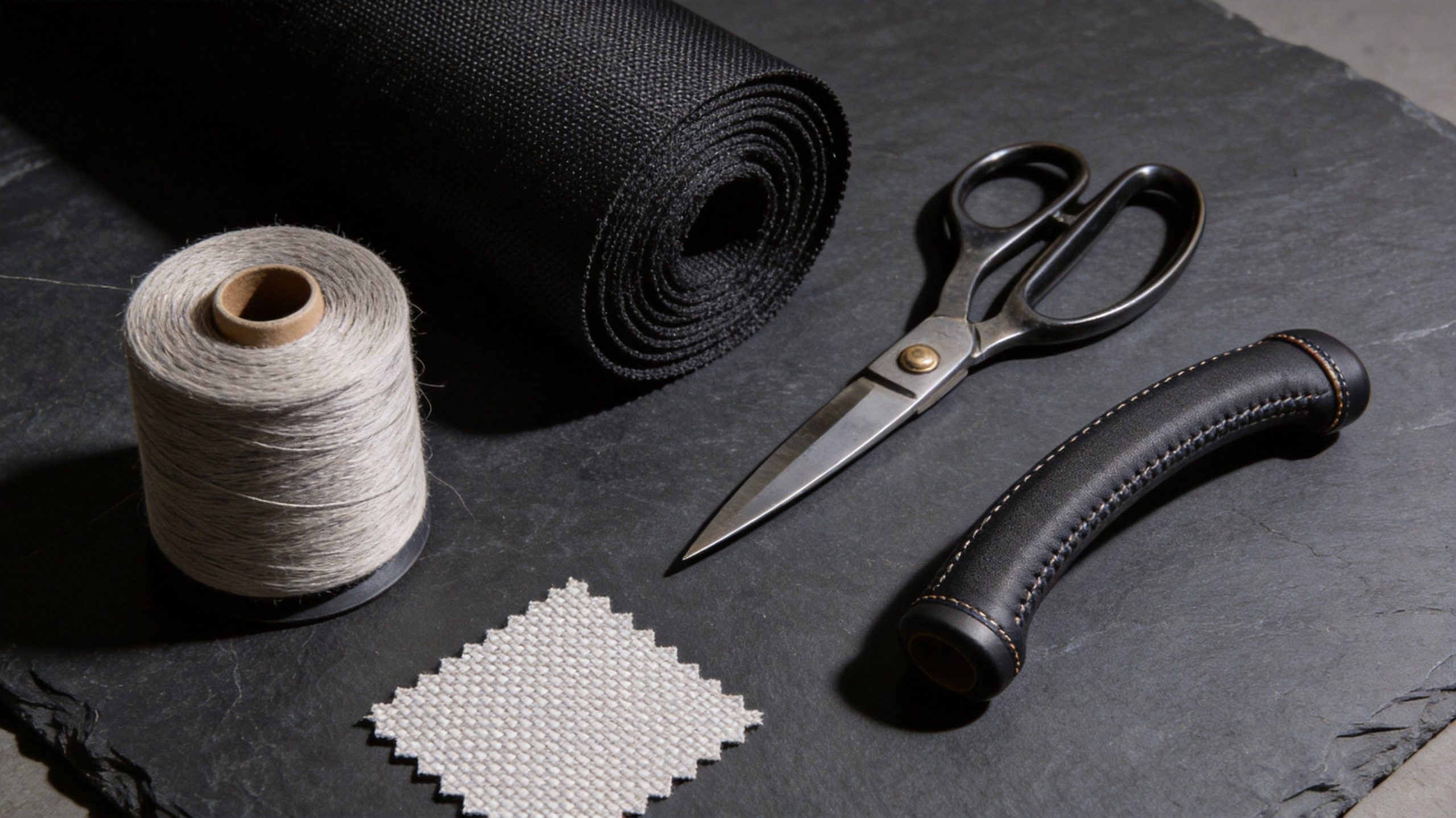 Golf bag manufacturing materials flat lay showing ballistic nylon fabric roll, nylon yarn spool, scissors, and reinforced handle