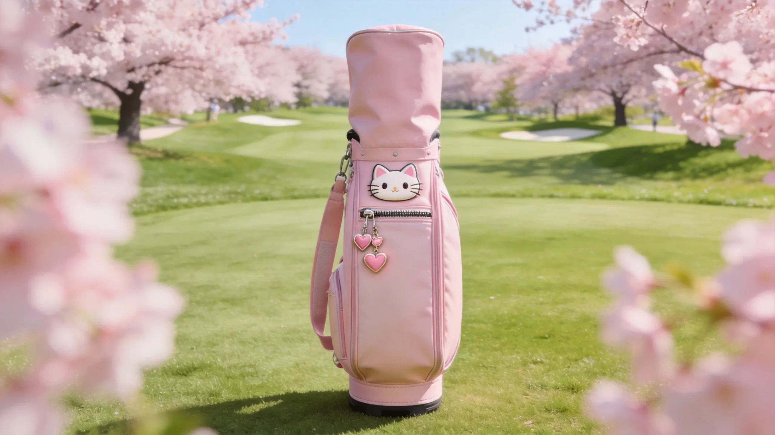 Pink kawaii golf bag with cat charm on cherry blossom golf course