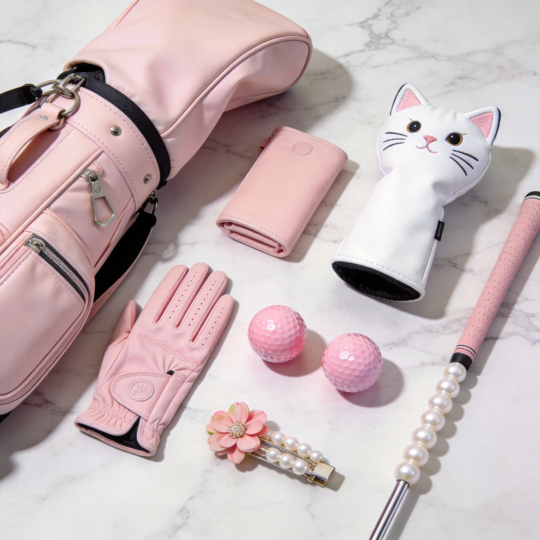 Aesthetic golf setup flat-lay with pink bag, gloves, headcover and accessories