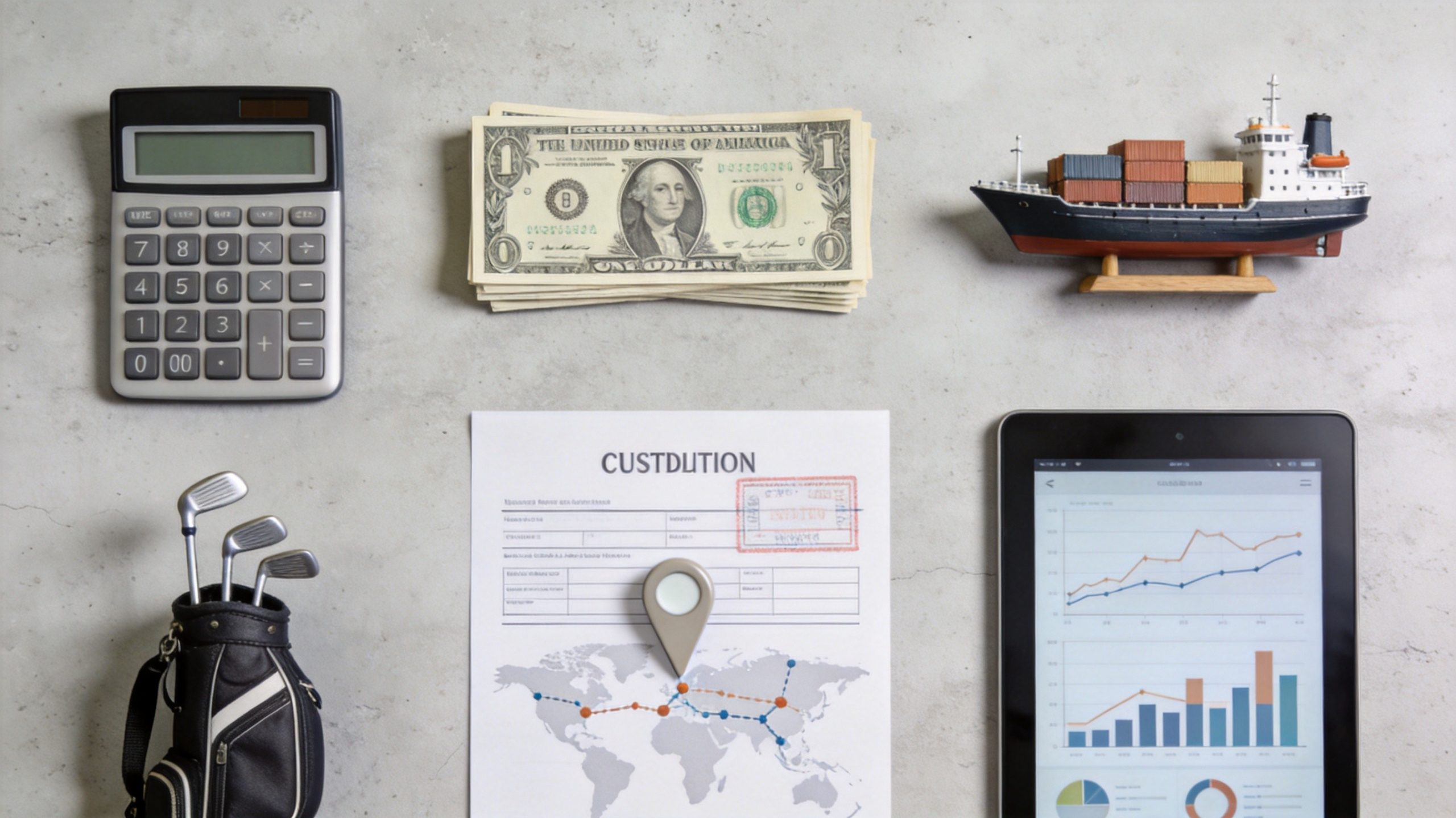 Business flat lay showing calculator, dollar bills, model cargo ship, golf bag, and trade documents for cost analysis