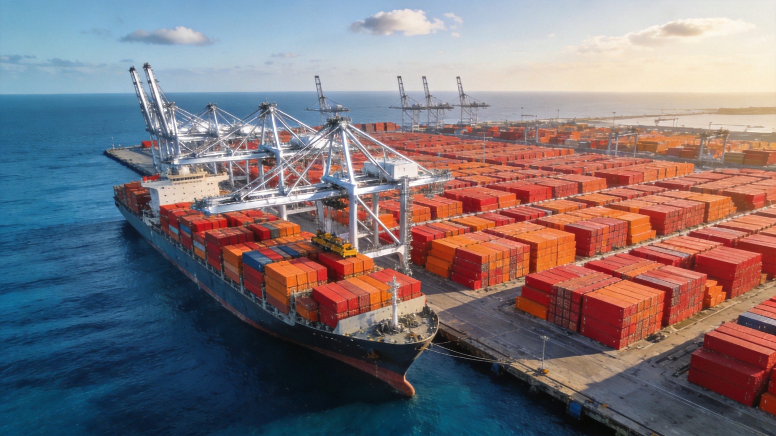 Aerial view of a busy container port with cargo ships and colorful shipping containers