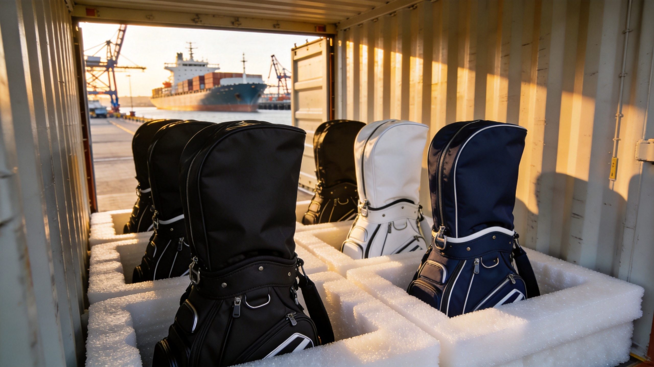 Premium golf bags packed inside a shipping container ready for international export