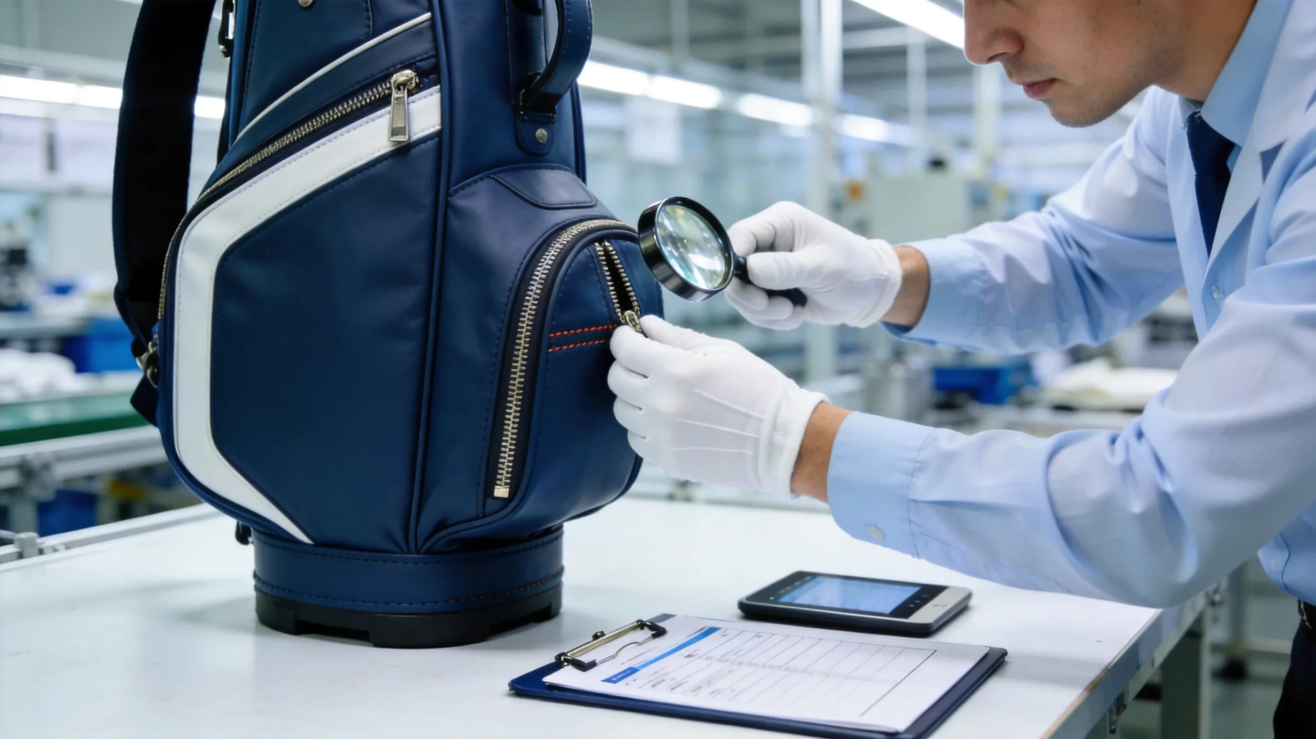 Professional QC inspection of golf bags at KPG factory