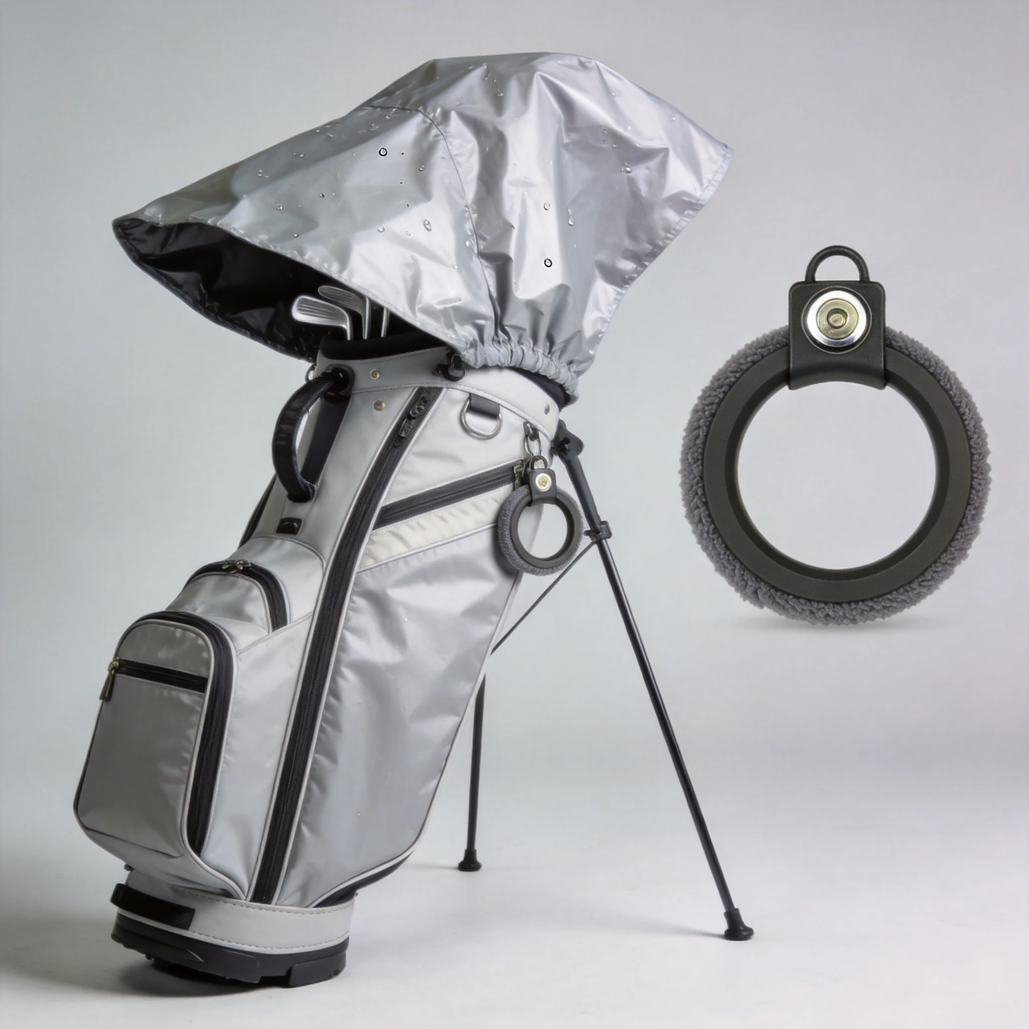 Golf bag rain hood and towel ring accessories with waterproof and magnetic closure features