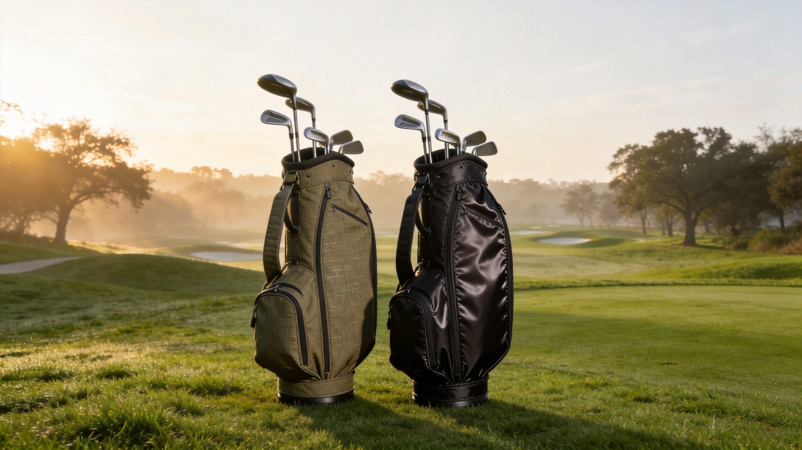 Two sustainable golf bags from leading brands on a golf course at sunrise