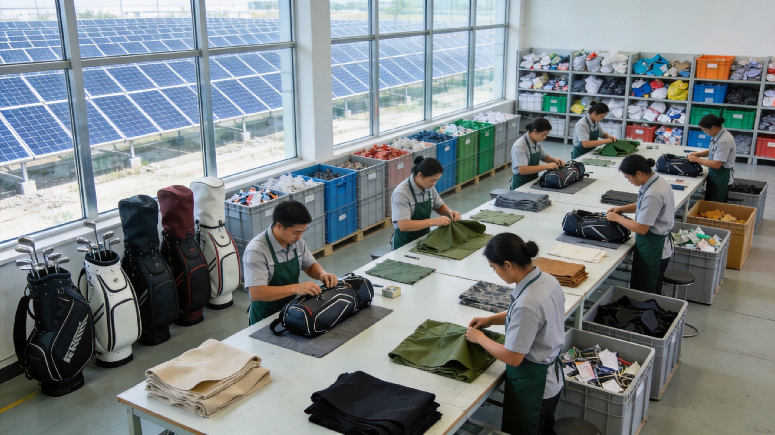 Solar panels and eco-friendly golf bag manufacturing workshop