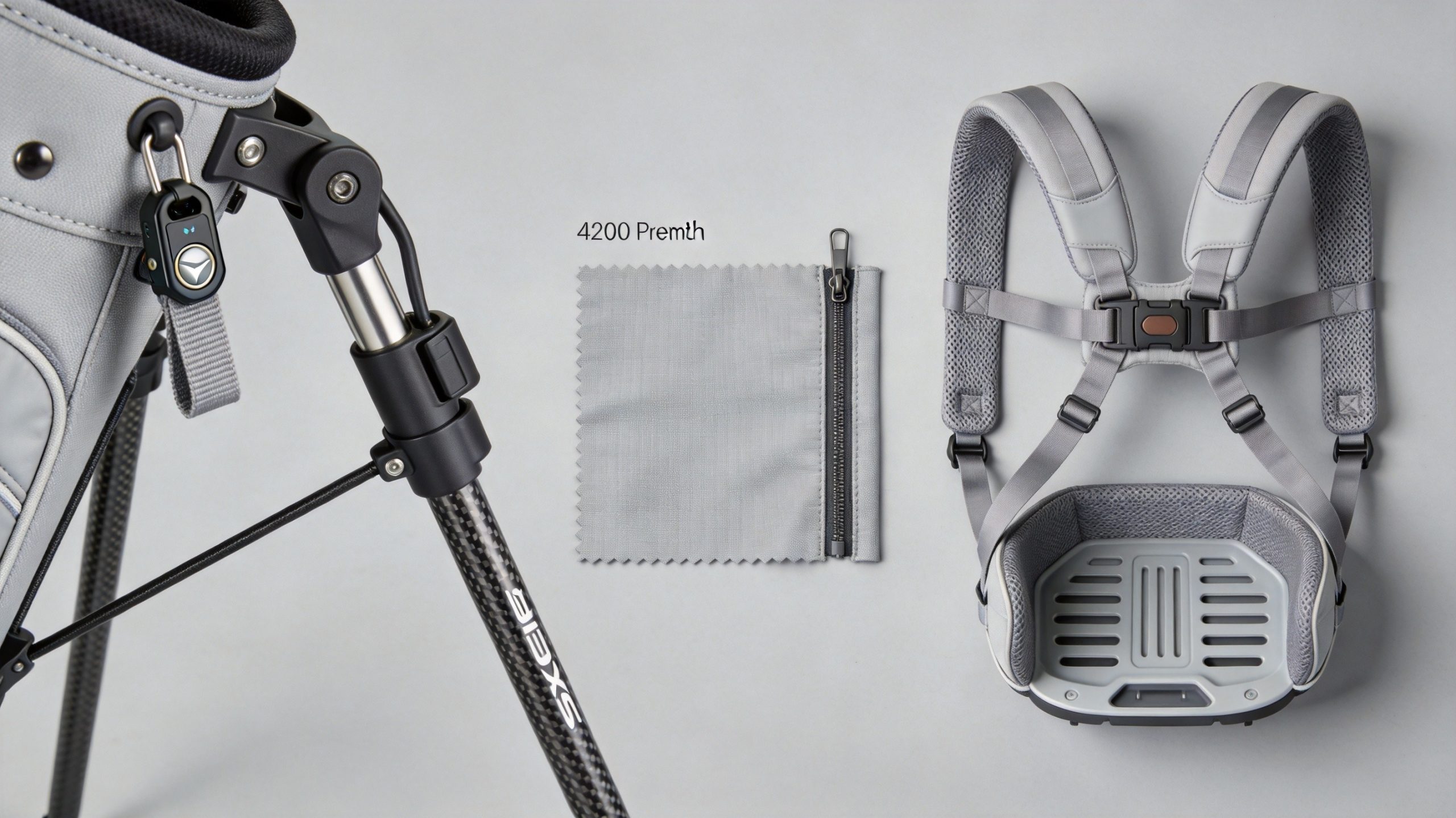 Golf bag design innovation comparison - advanced stand mechanism, ergonomic strap system, and premium materials