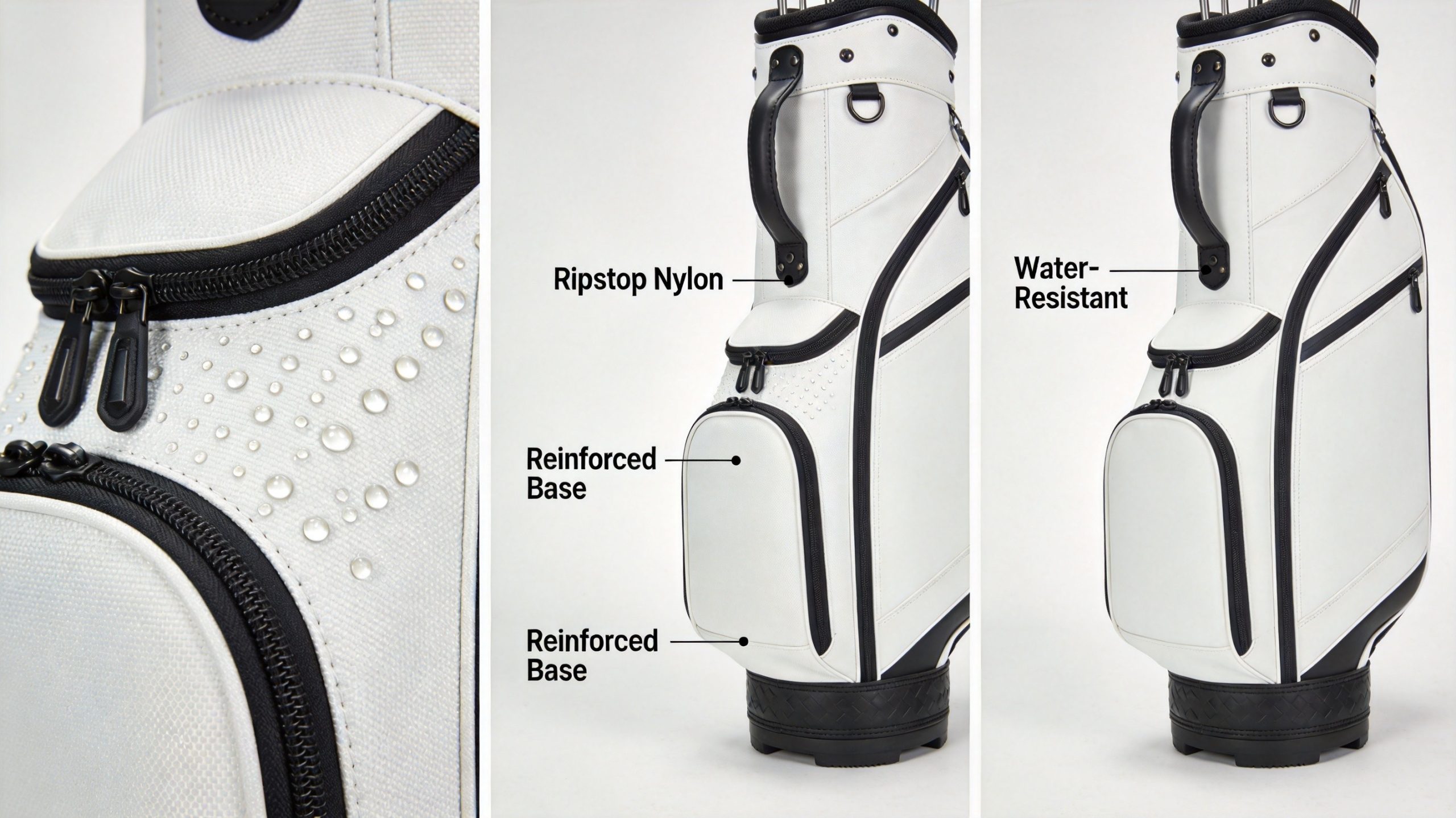 Lightweight golf bag material comparison showing ripstop nylon water-resistant coating and reinforced base