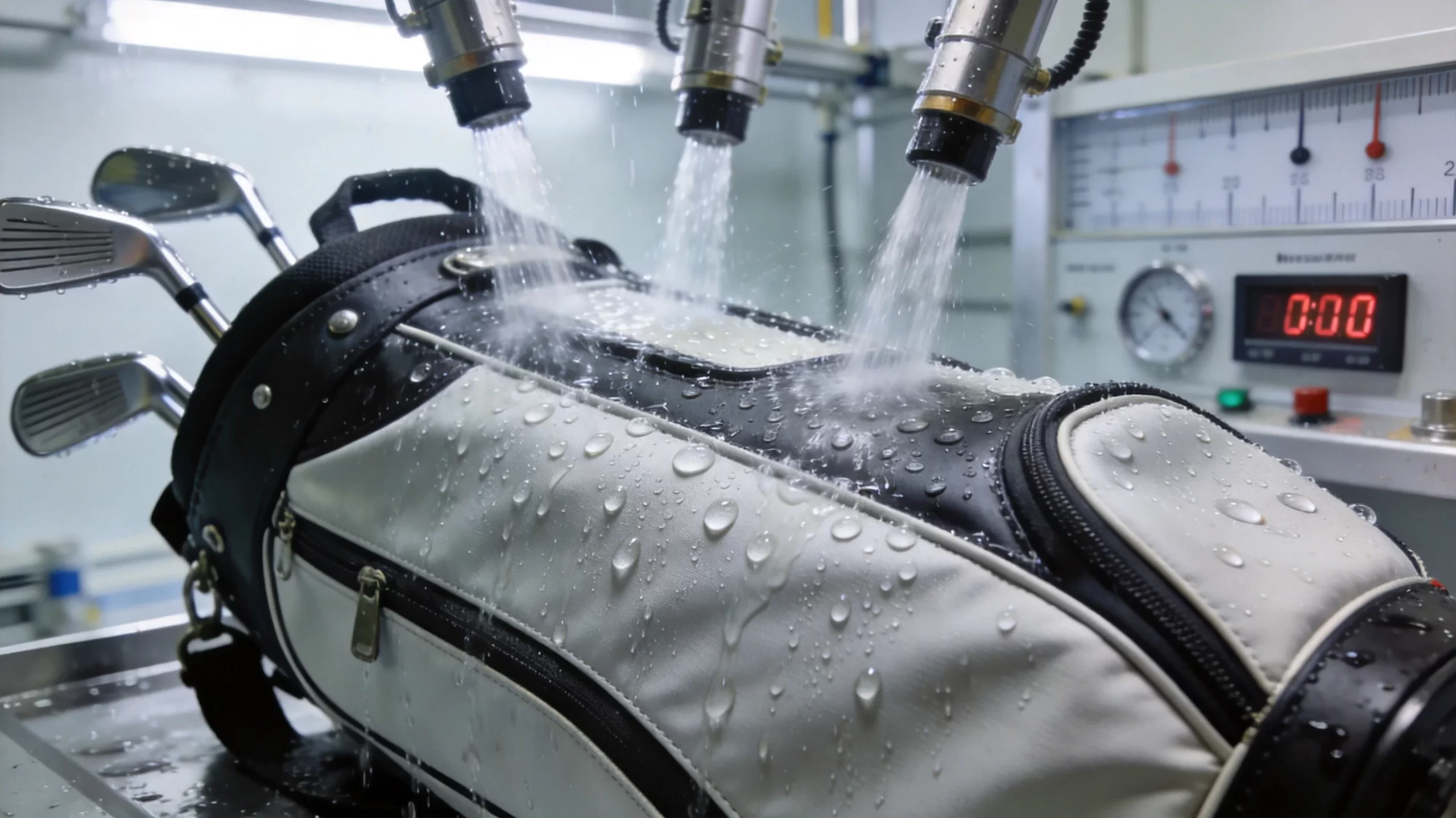 Golf bag waterproof testing using rain simulation chamber