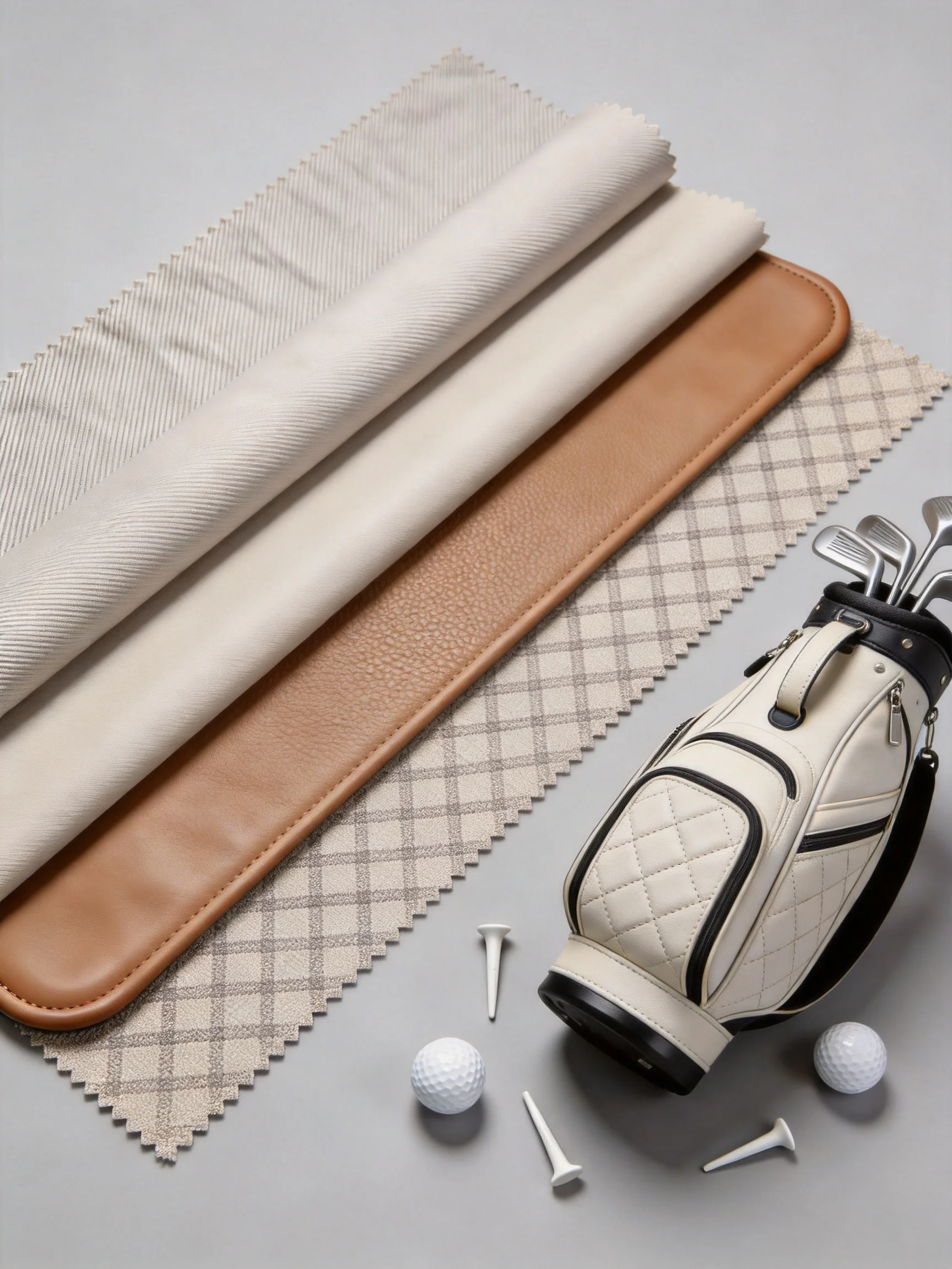 Comparison of golf bag materials including nylon, polyester, leather, and synthetic fabrics showing texture and quality