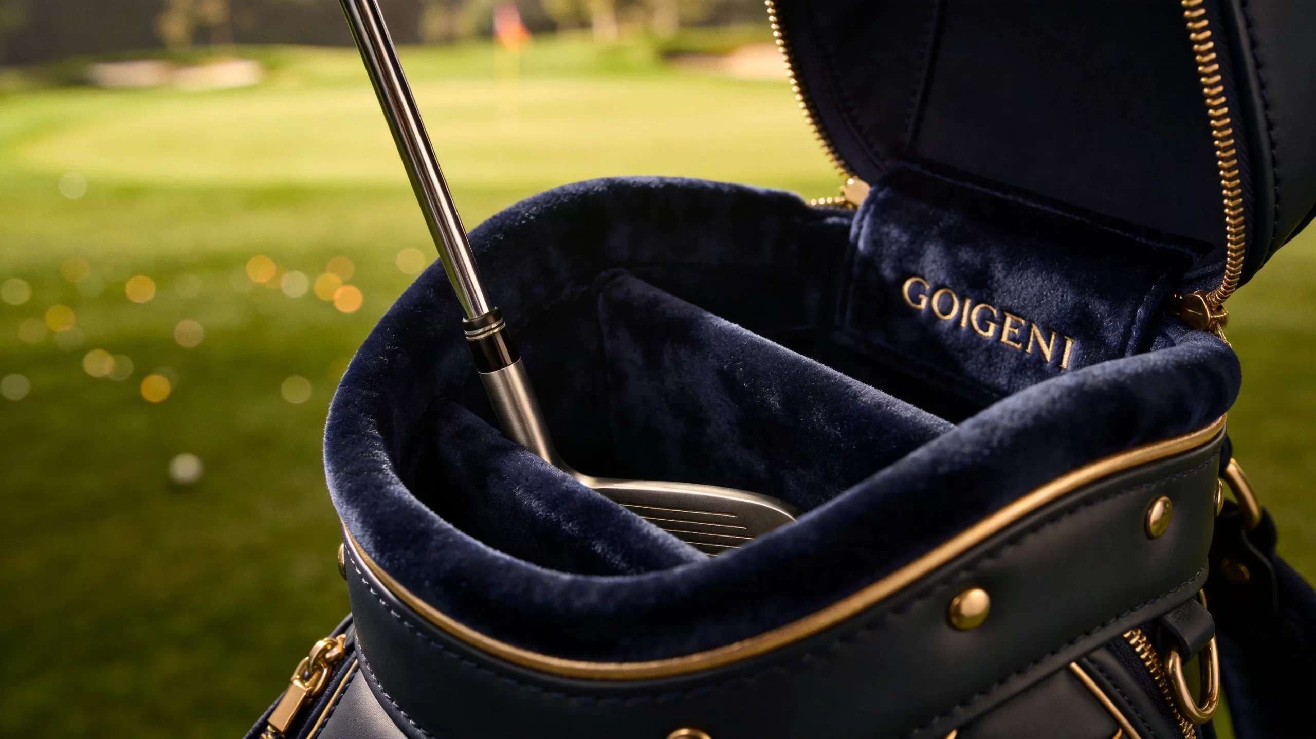 Premium dark navy microfiber suede lining inside a luxury golf bag showing velvety soft texture and brand quality