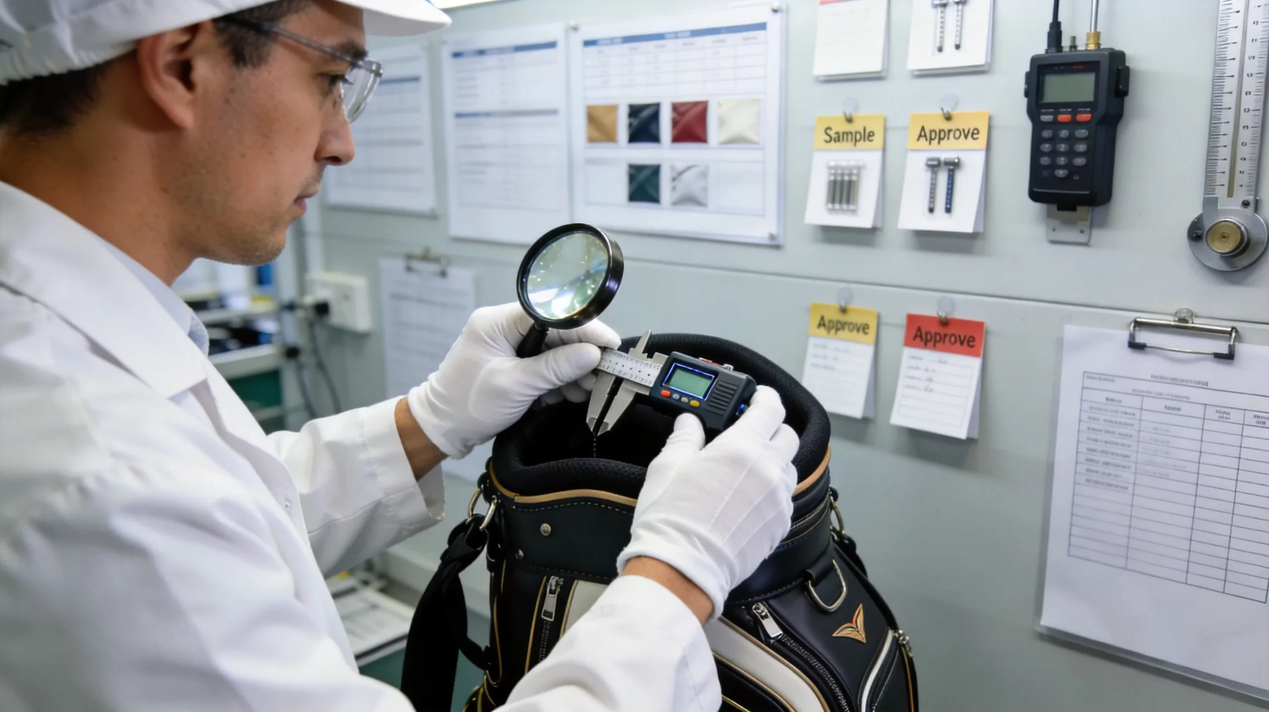 Quality control inspector examining golf bag at inspection station