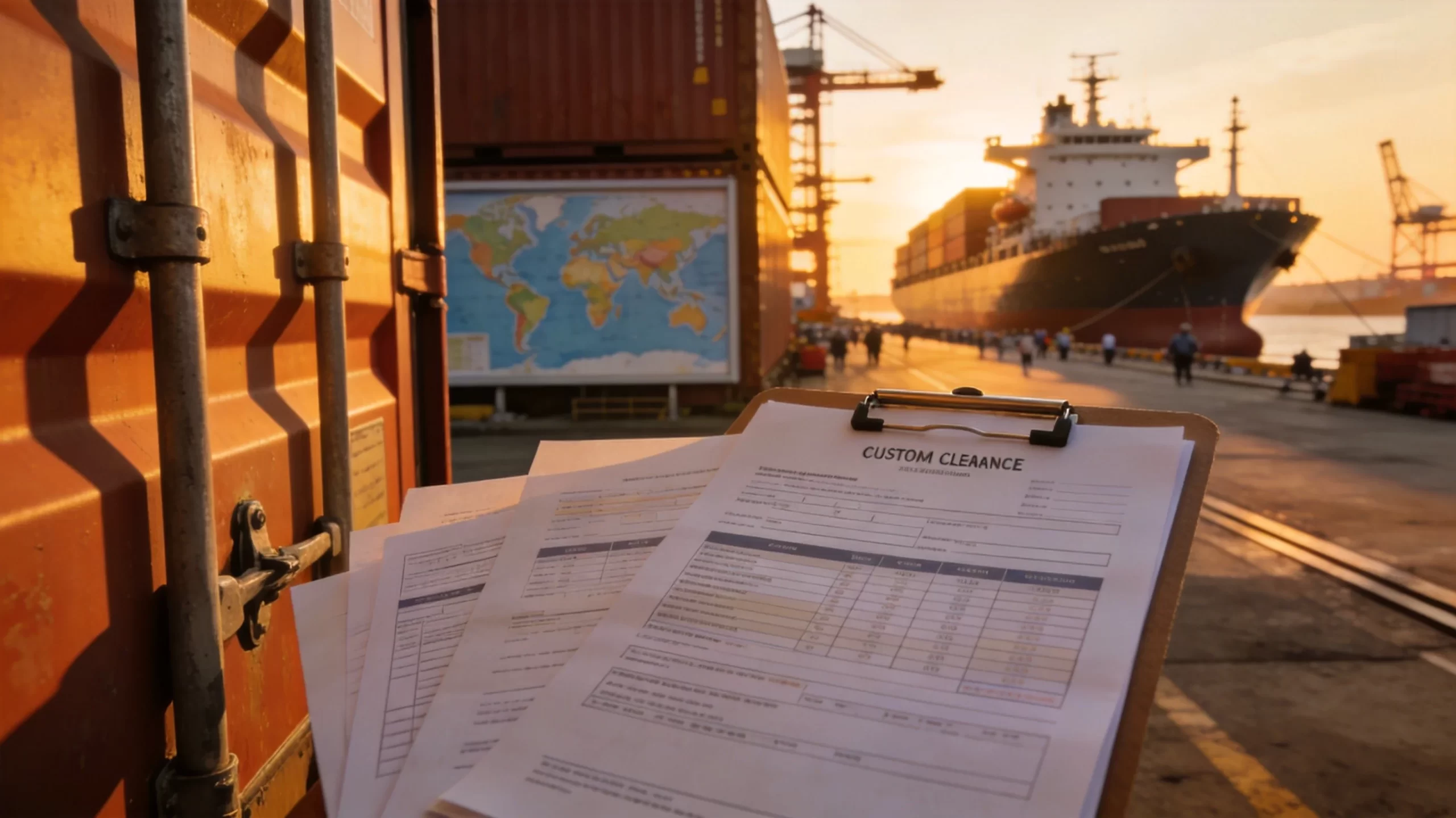 International shipping container at port with customs documentation