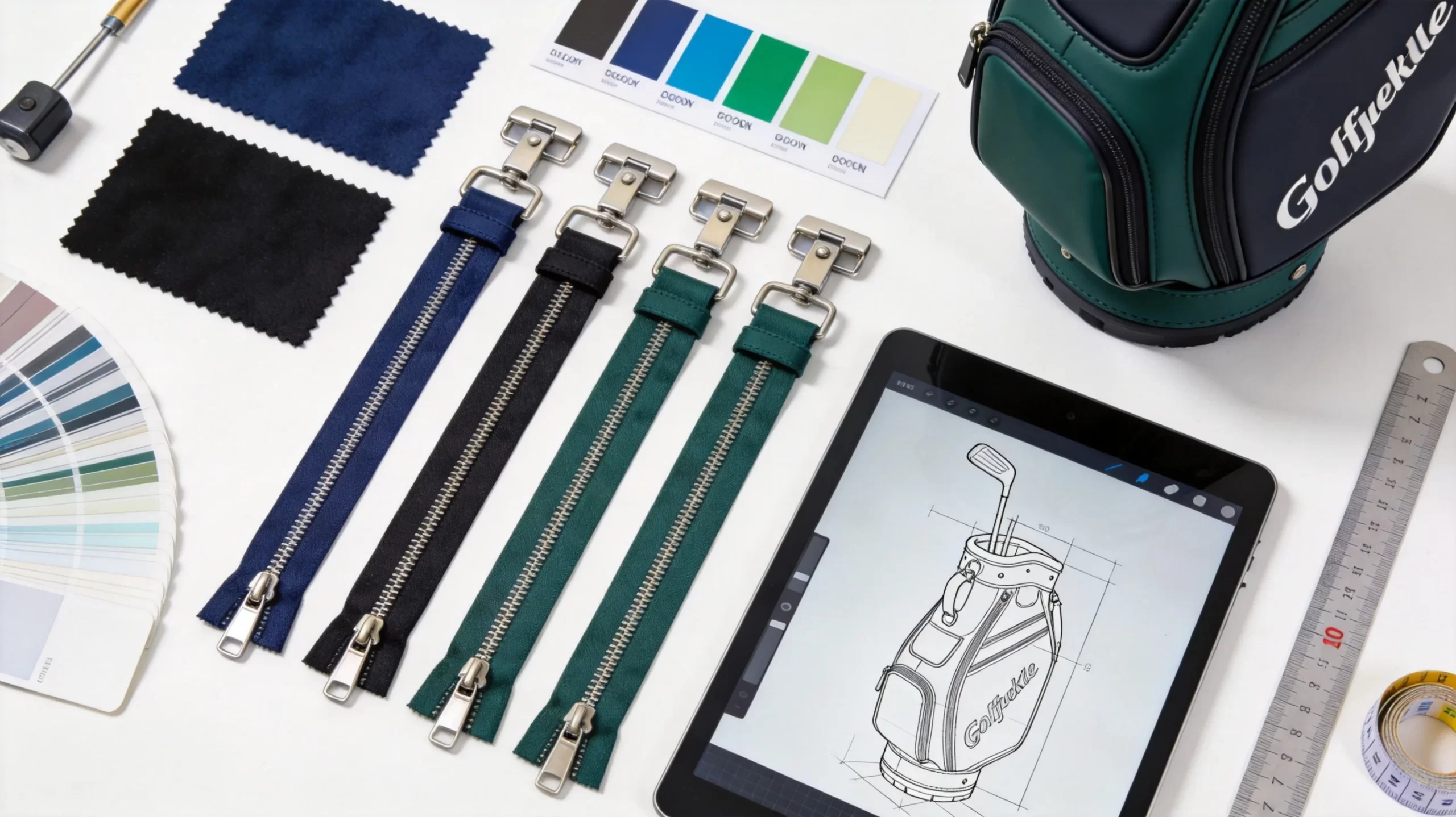 Golf bag design materials including fabric swatches, hardware samples, and CAD drawings on workbench
