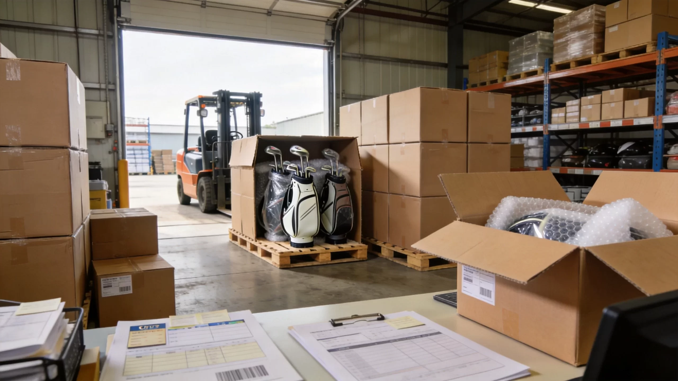 Golf bags packed in shipping boxes ready for export from Xiamen port warehouse