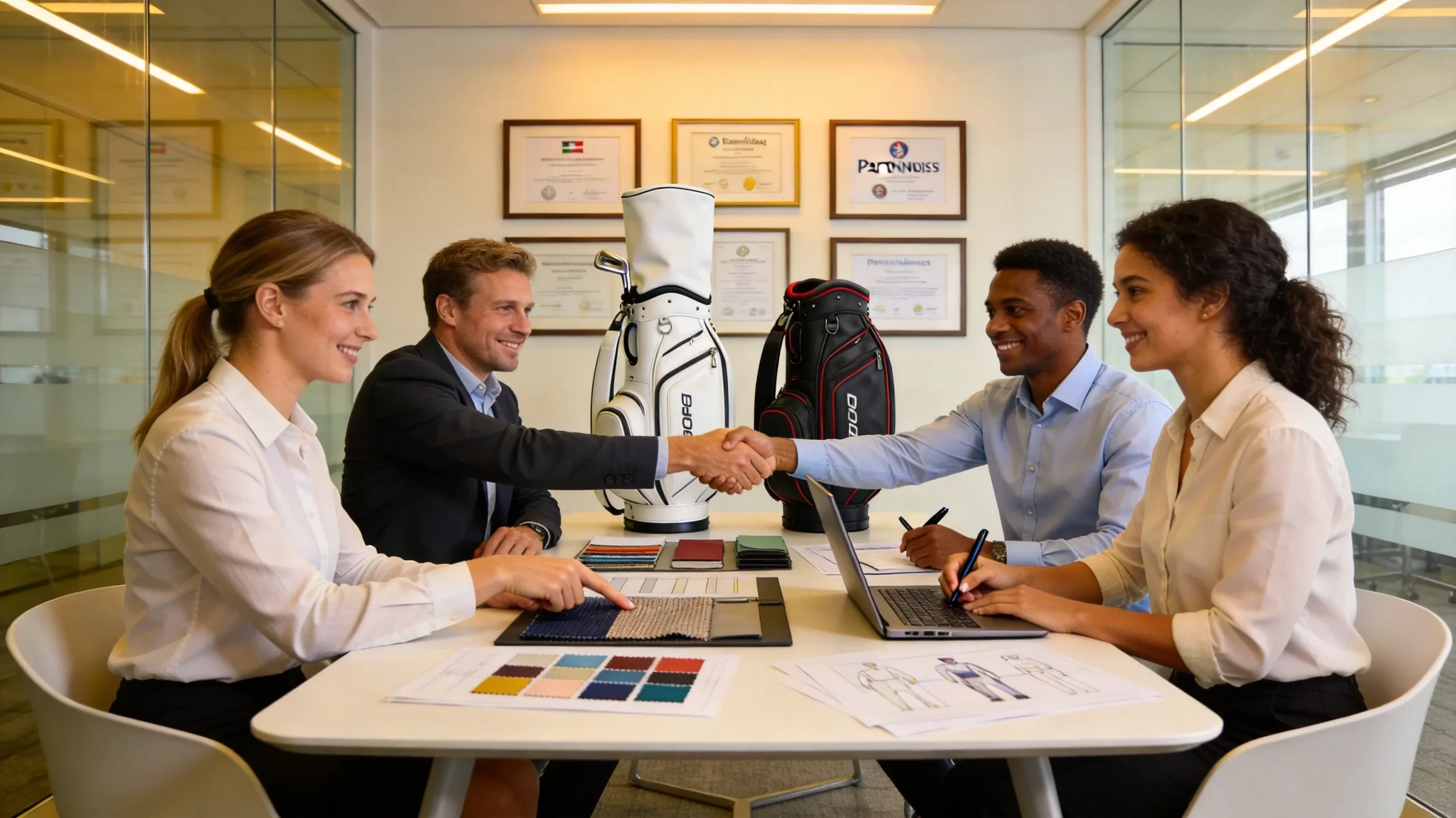 Business team reviewing golf bag samples and partnership agreements in modern office