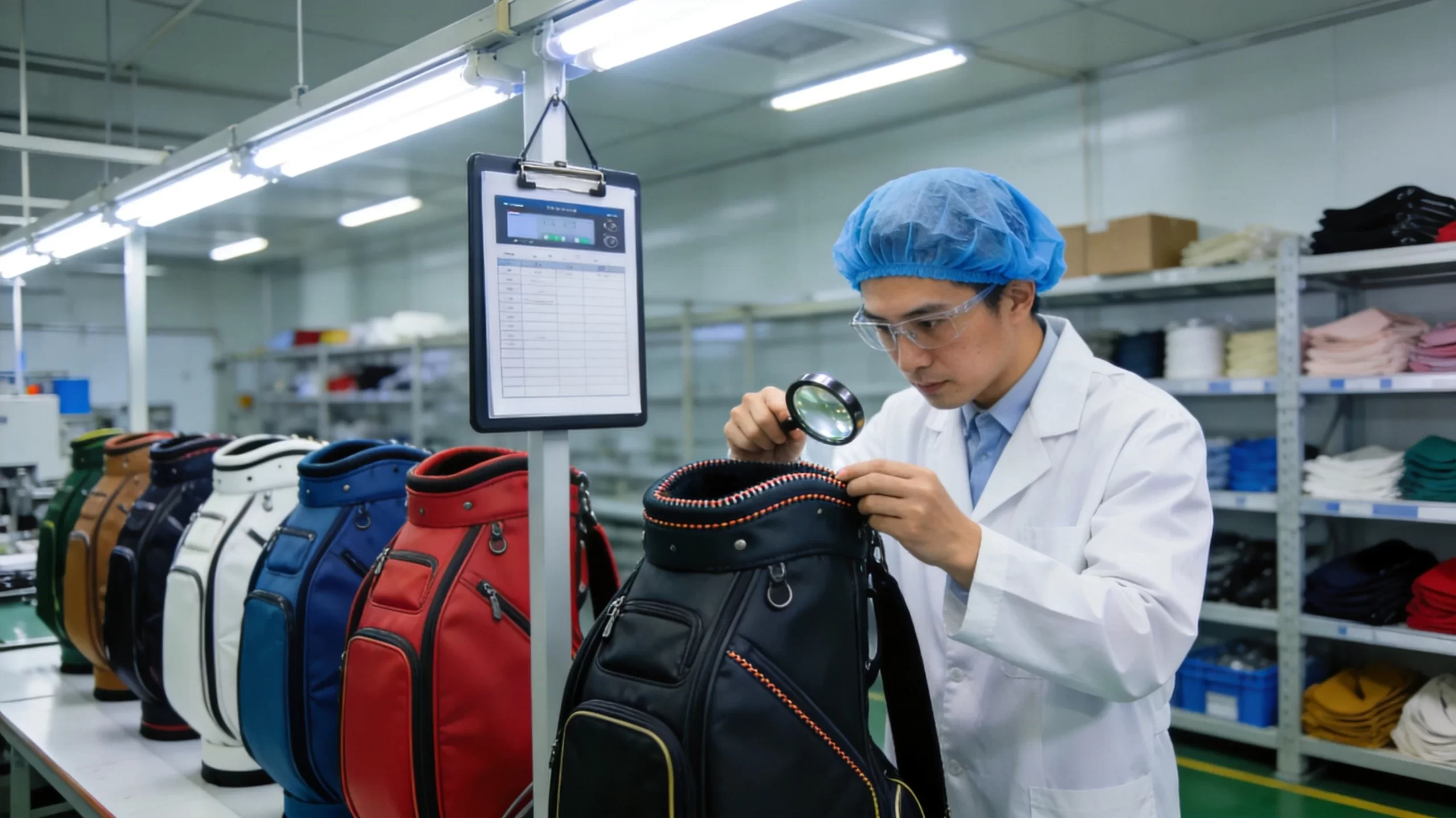 Quality control inspector examining golf bag stitching and construction details in factory
