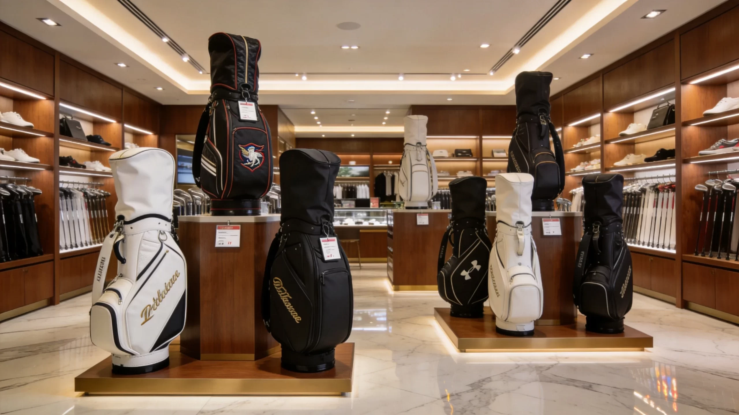 Modern golf pro shop retail display with cart bags