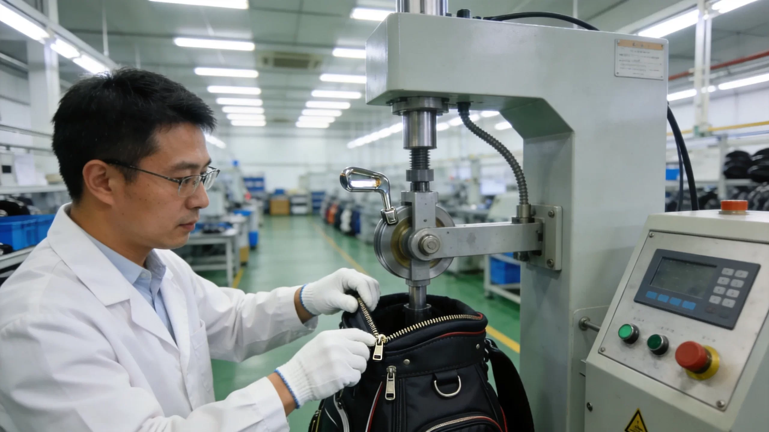QC inspector testing golf bag zipper durability