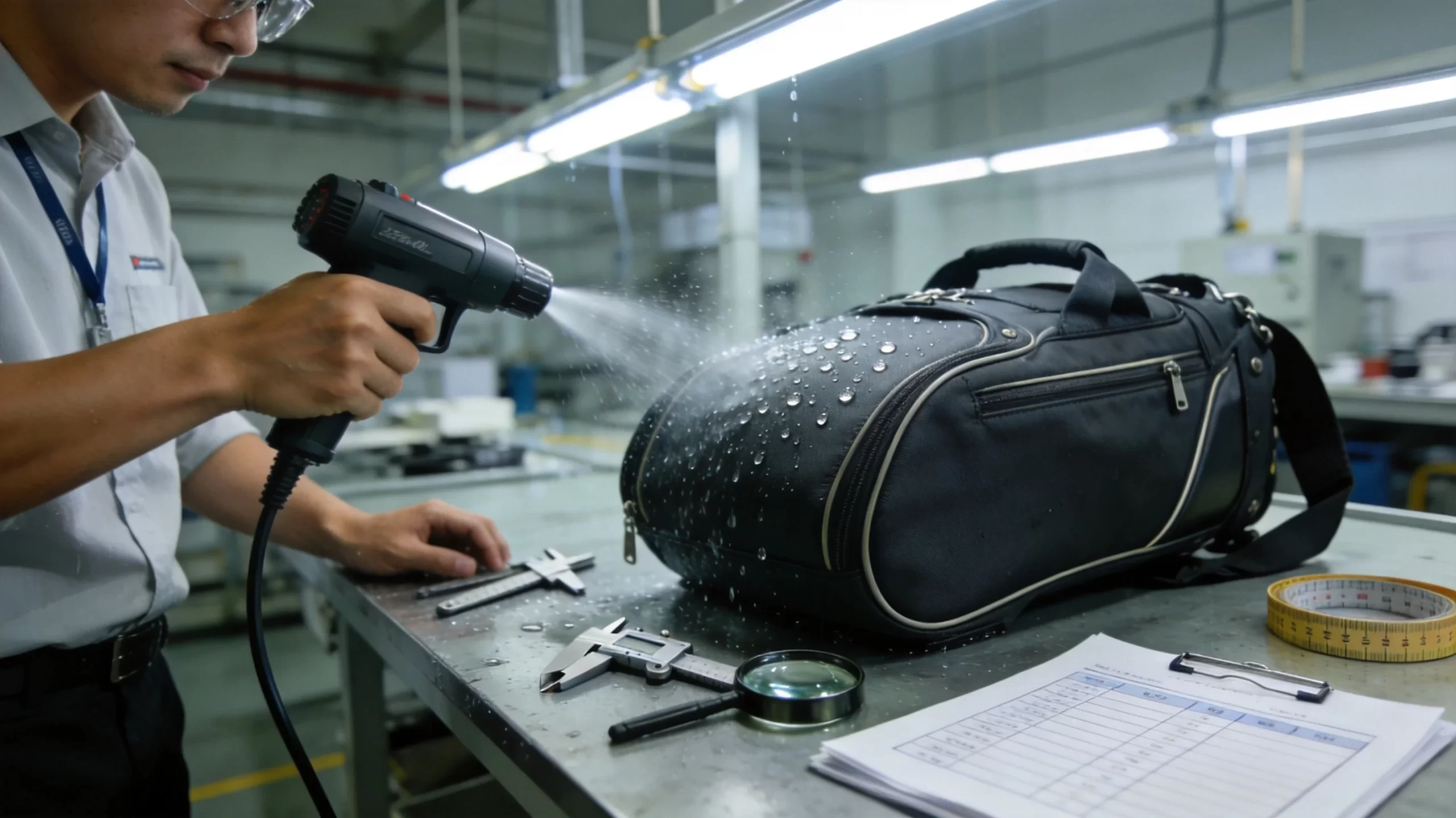 Golf bag quality control waterproof testing process in manufacturing facility
