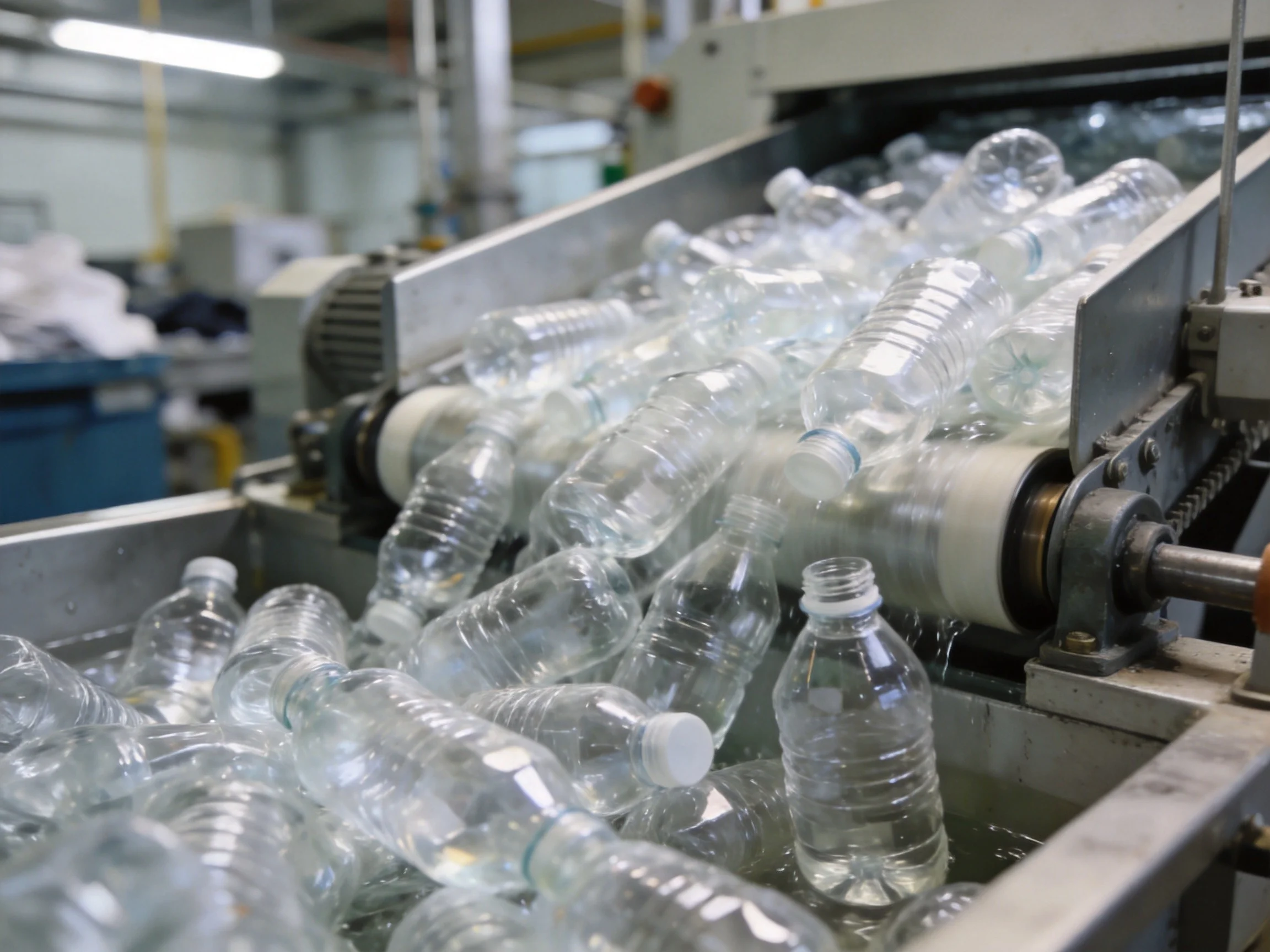 Recycled plastic bottles being processed into RPET fabric for golf bag manufacturing