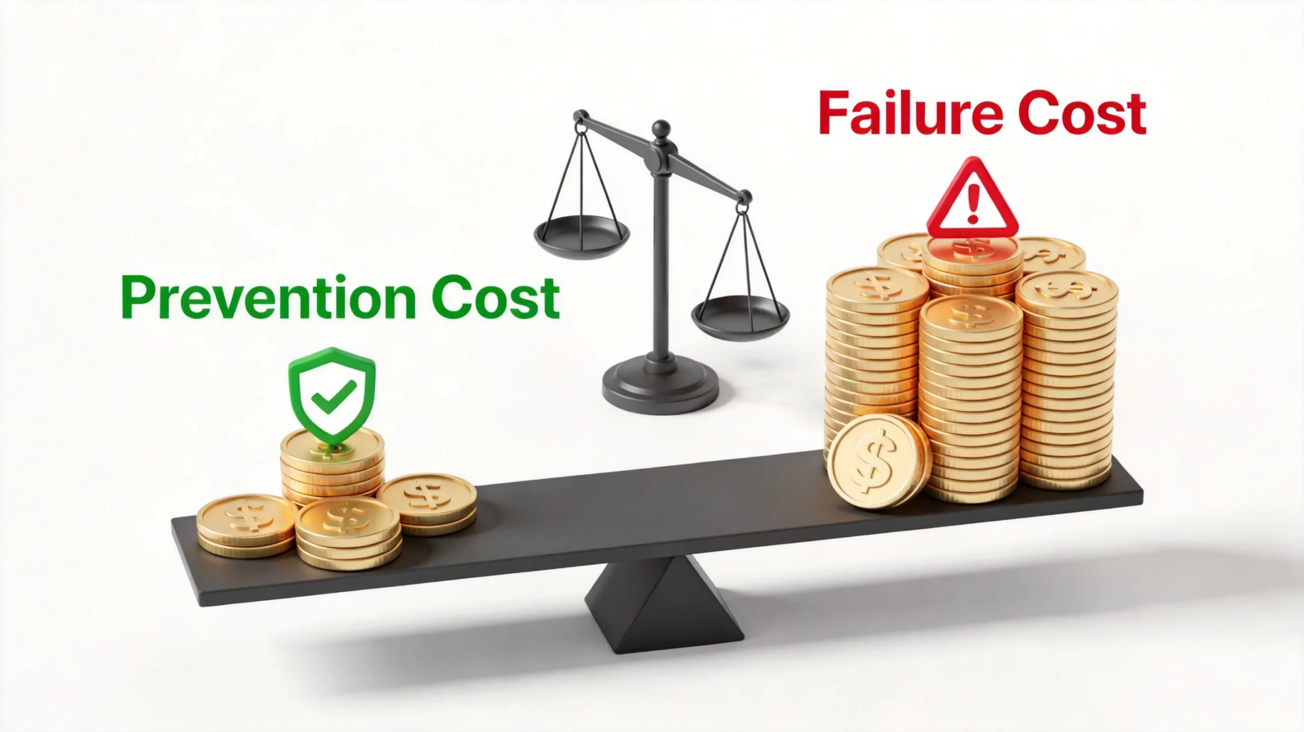 ROI comparison showing prevention cost versus failure cost for golf bag manufacturing